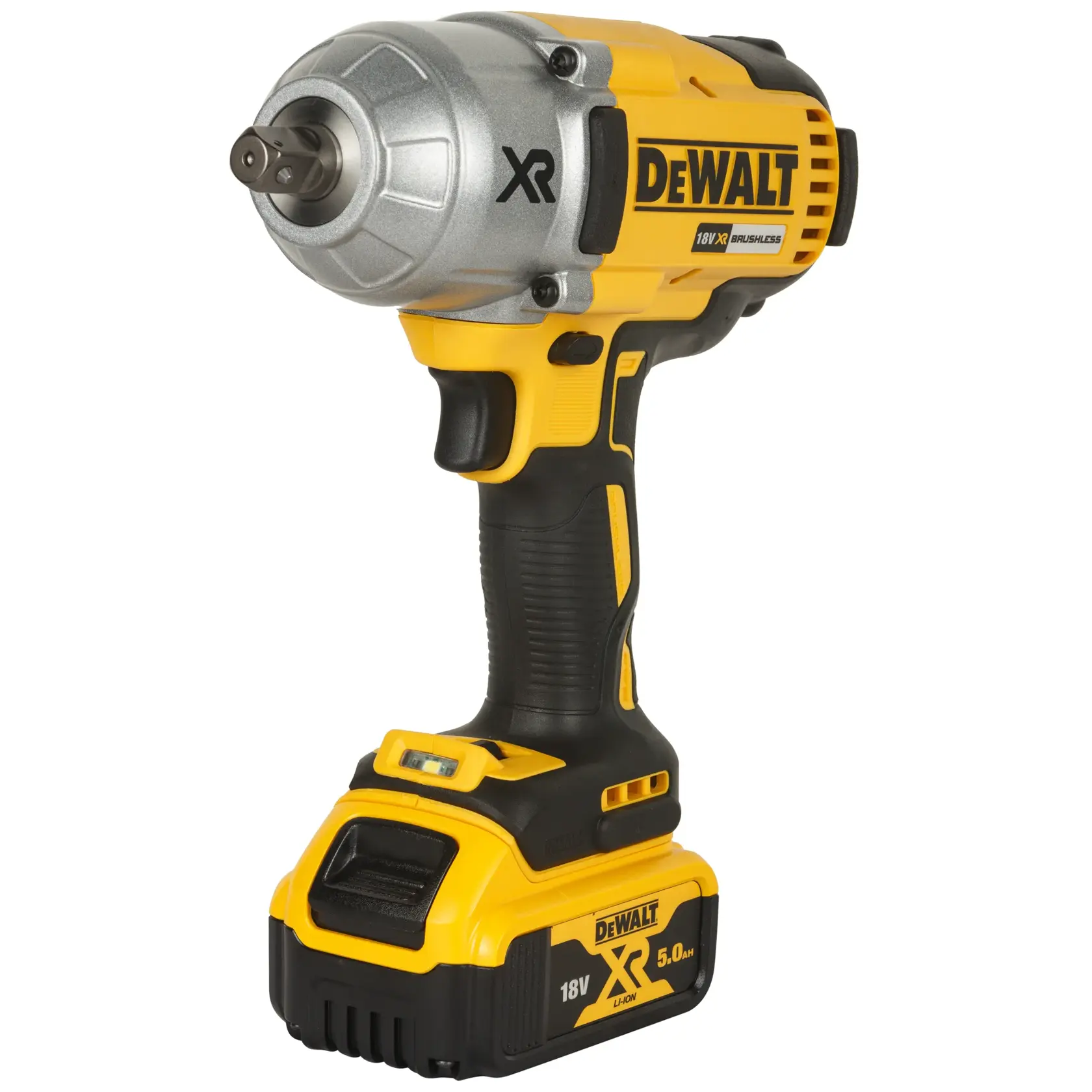 Une clé à chocs DEWALT DCF899P2 20V XR sans balais avec une enclume de 1/2 pouce et une broche de retenue, dotée d’un contrôle de vitesse multiple et d’un éclairage LED avec un délai de 20 secondes. L’outil est jaune et noir avec une poignée ergonomique.
