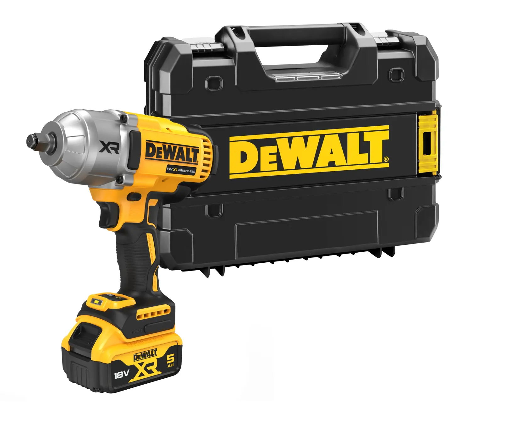 Une clé à chocs sans fil DEWALT 18V XR brushless avec un design jaune et noir, modèle DCF900NT-XJ. L'outil est présenté sans batterie.