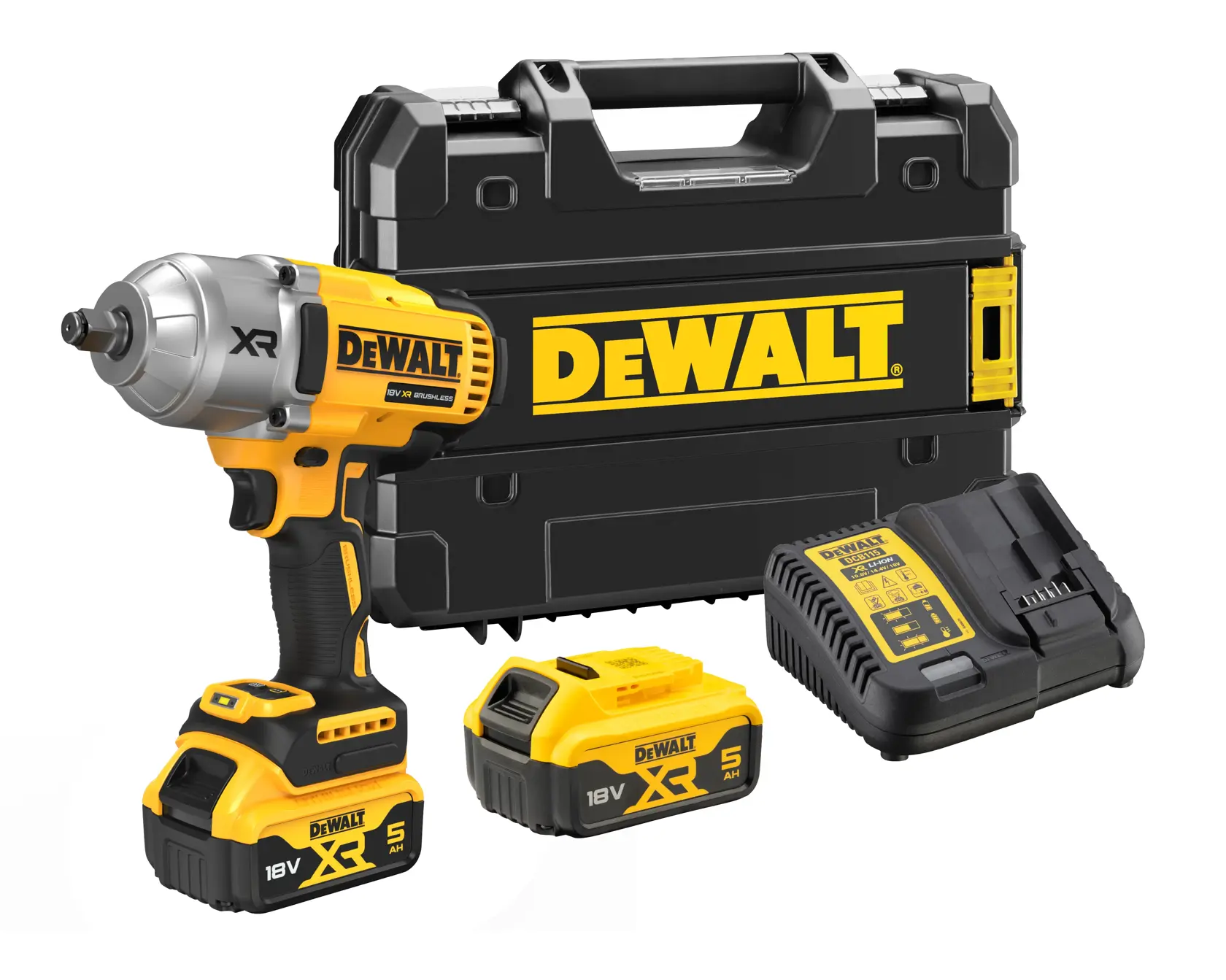 Un kit DEWALT comprenant une clé à choc sans fil, deux batteries 18V XR, un chargeur et une mallette de transport noire avec la marque DEWALT en jaune.