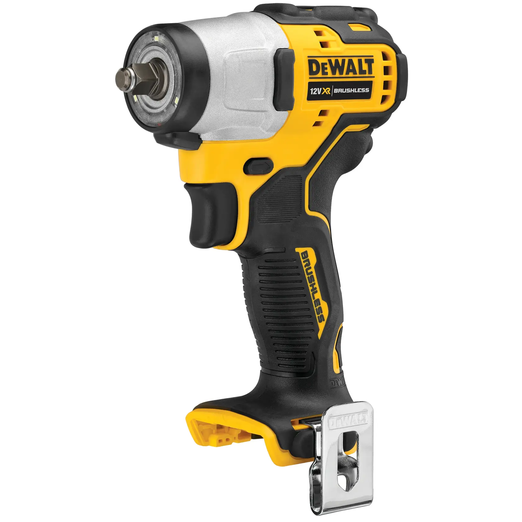 Photo de la clé à chocs sans fil DEWALT DCF902N jaune et noire, vue latérale, fond blanc.