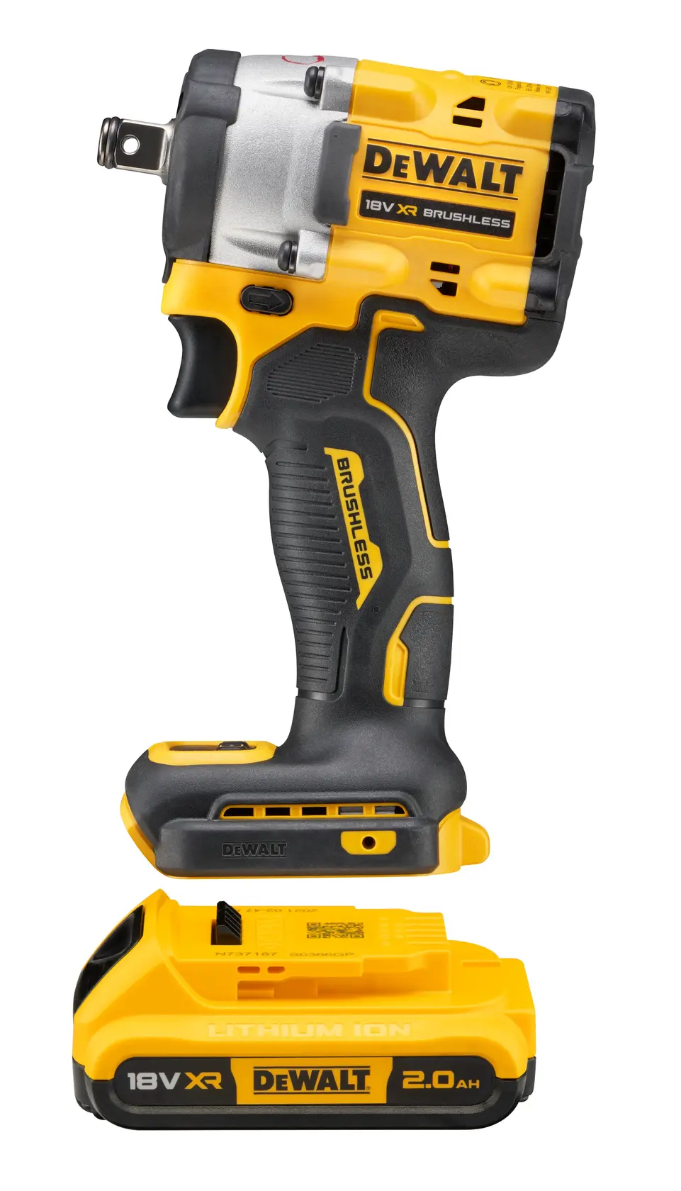 Une clé à chocs sans fil DEWALT, modèle DCF921D2T, avec moteur sans balais 18V XR et batterie lithium-ion 2,0 Ah, présentée en position verticale sur fond blanc.