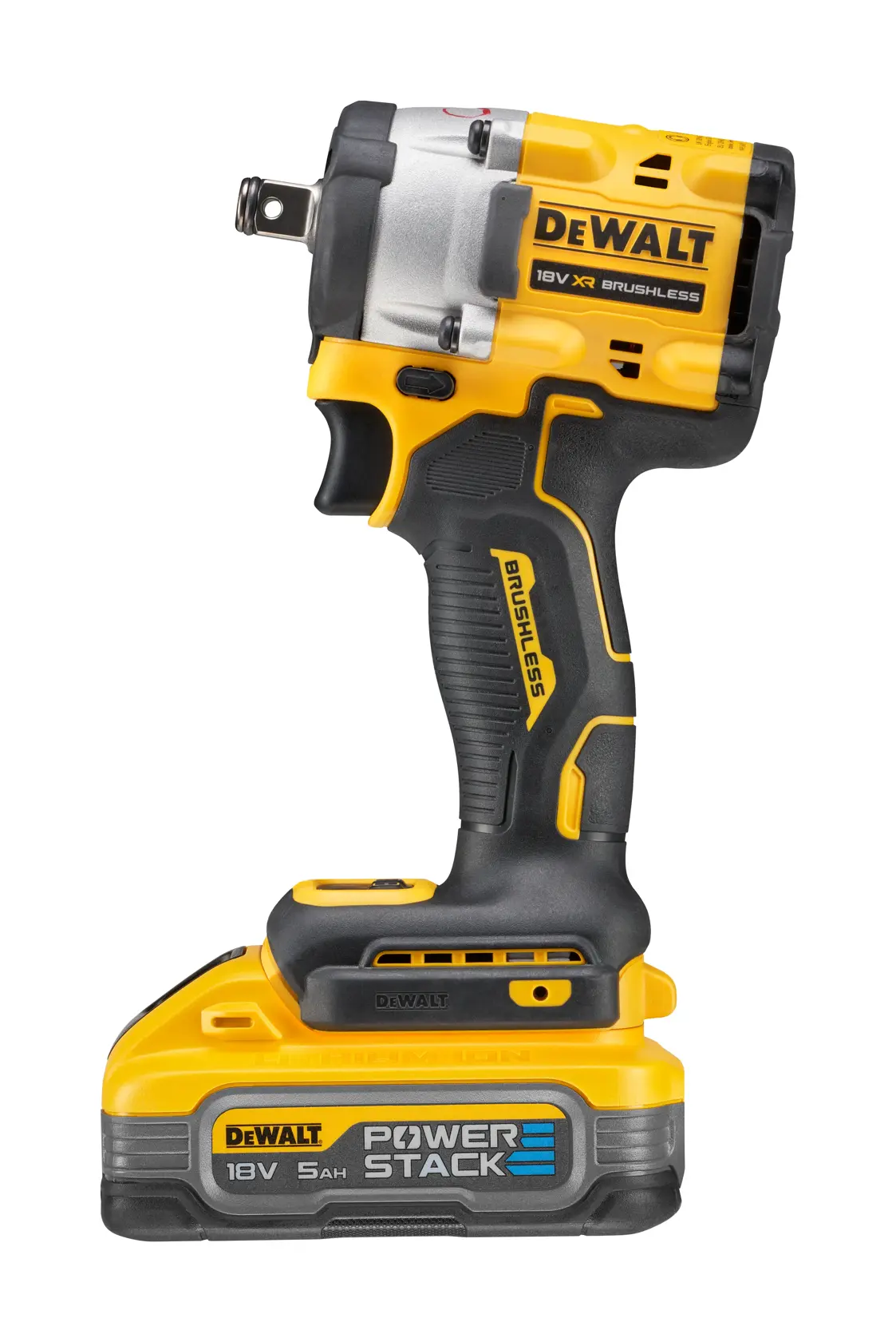 Une clé à chocs sans fil brushless DEWALT 18V XR avec une batterie POWERSTACK, présentant un design ergonomique jaune et noir.
