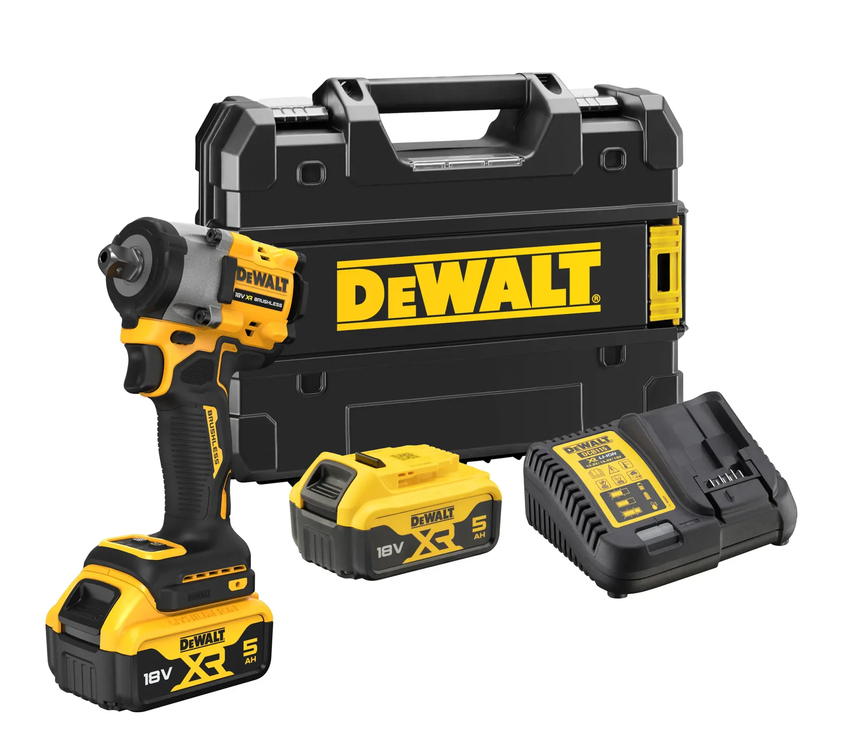 Kit clé à chocs sans fil DEWALT composé d'une clé à chocs 18V XR avec batterie installée, d'une seconde batterie de rechange, d'un chargeur de batterie et d'une mallette rigide avec le logo DEWALT.