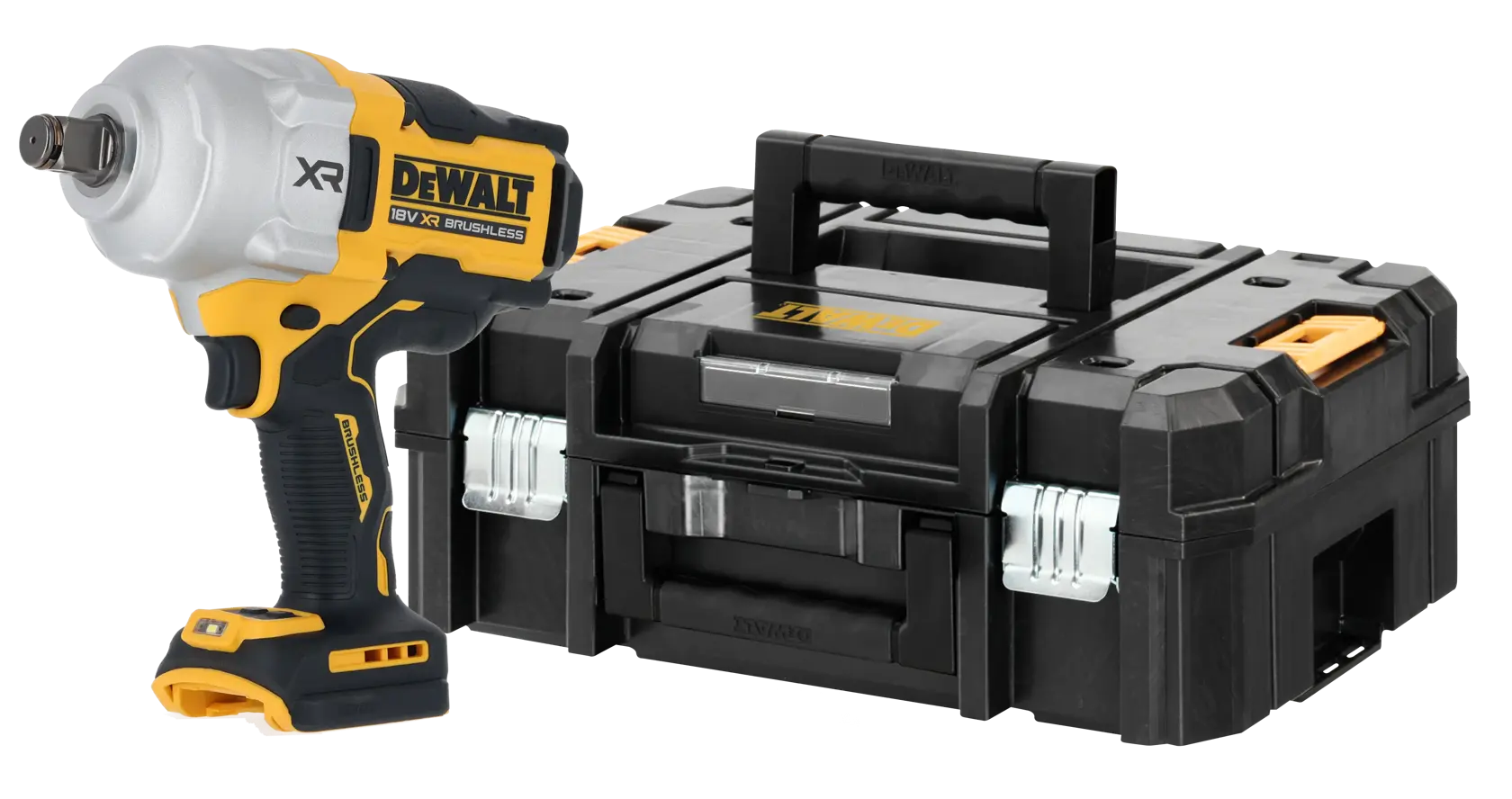 Clé à chocs sans fil DEWALT avec une valise de transport noire robuste, présentées sur fond blanc.