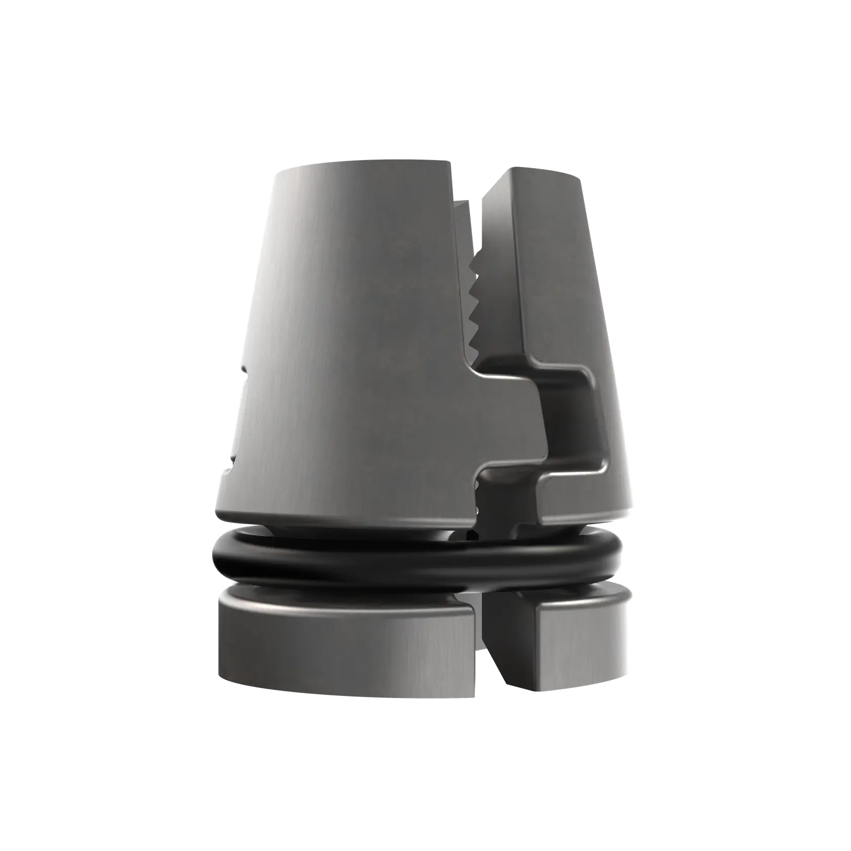 Gros plan sur une bague métallique DEWALT avec joint noir pour matériel photo, fond blanc.
