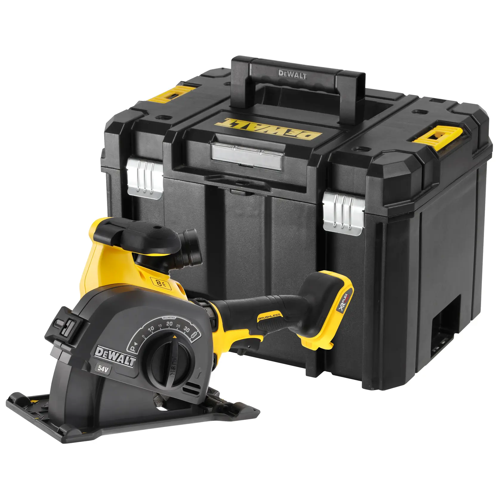 Rainureuse sans fil DEWALT avec coffret noir, poignée et cadran de réglage visibles.