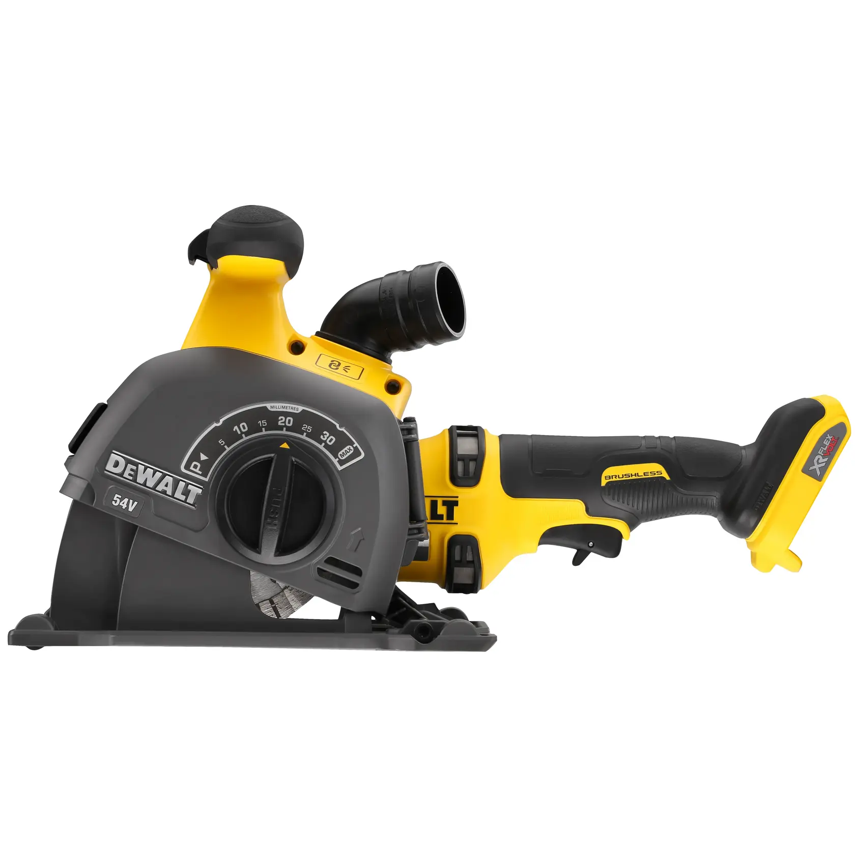 Photo du rainureuse DEWALT DCG200NT-XJ, DCG200NT, DCG200N, jaune et noir, vue latérale sur fond blanc.
