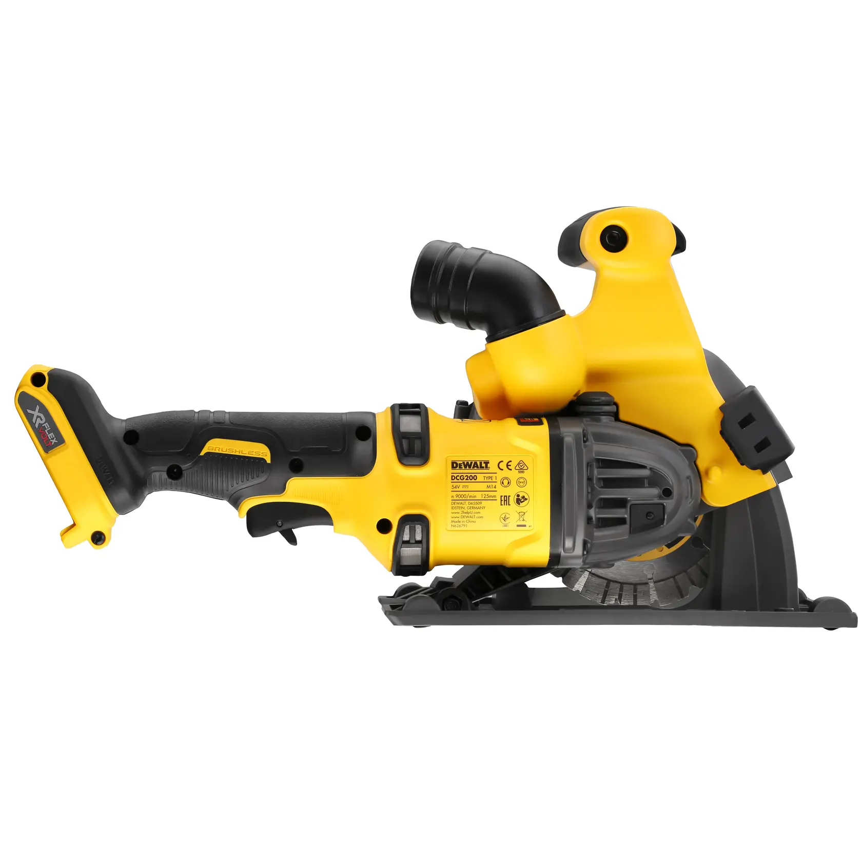 Photo du rainureuse murale DEWALT vue de côté, jaune-noir, DCG200NT-XJ, DCG200NT, DCG200N, fond blanc.