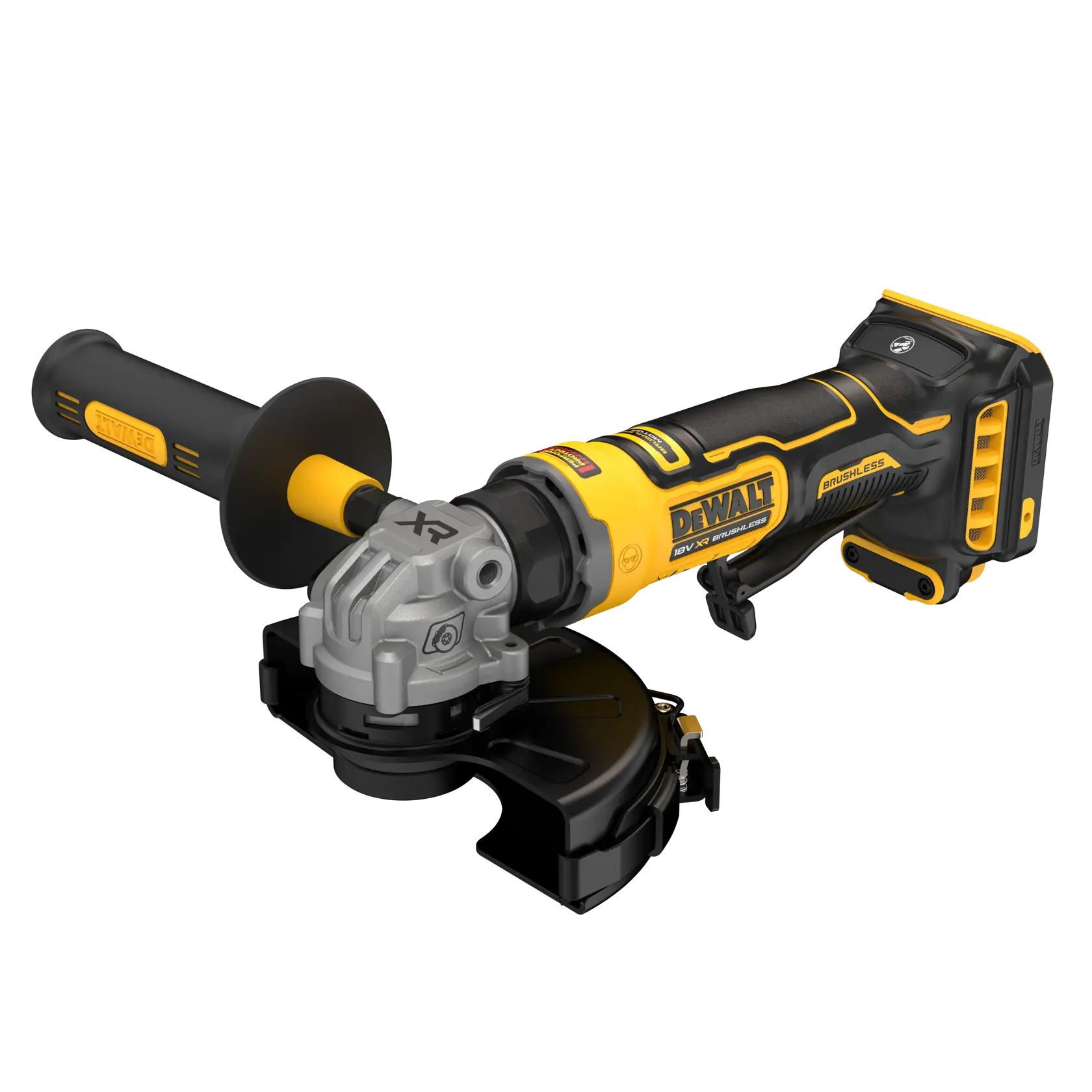 DEWALT DCG404NT and DCG404S2T-QW cordless angle grinders, yellow-black design, photography product.