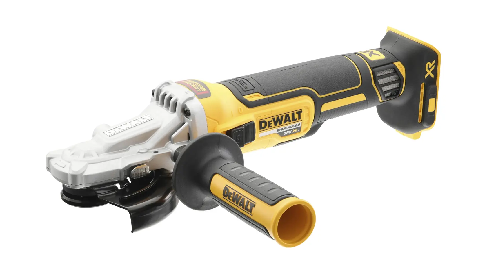 Une meuleuse d’angle sans fil DEWALT avec un design jaune et noir, équipée d’une poignée latérale et d’un moteur sans balais.