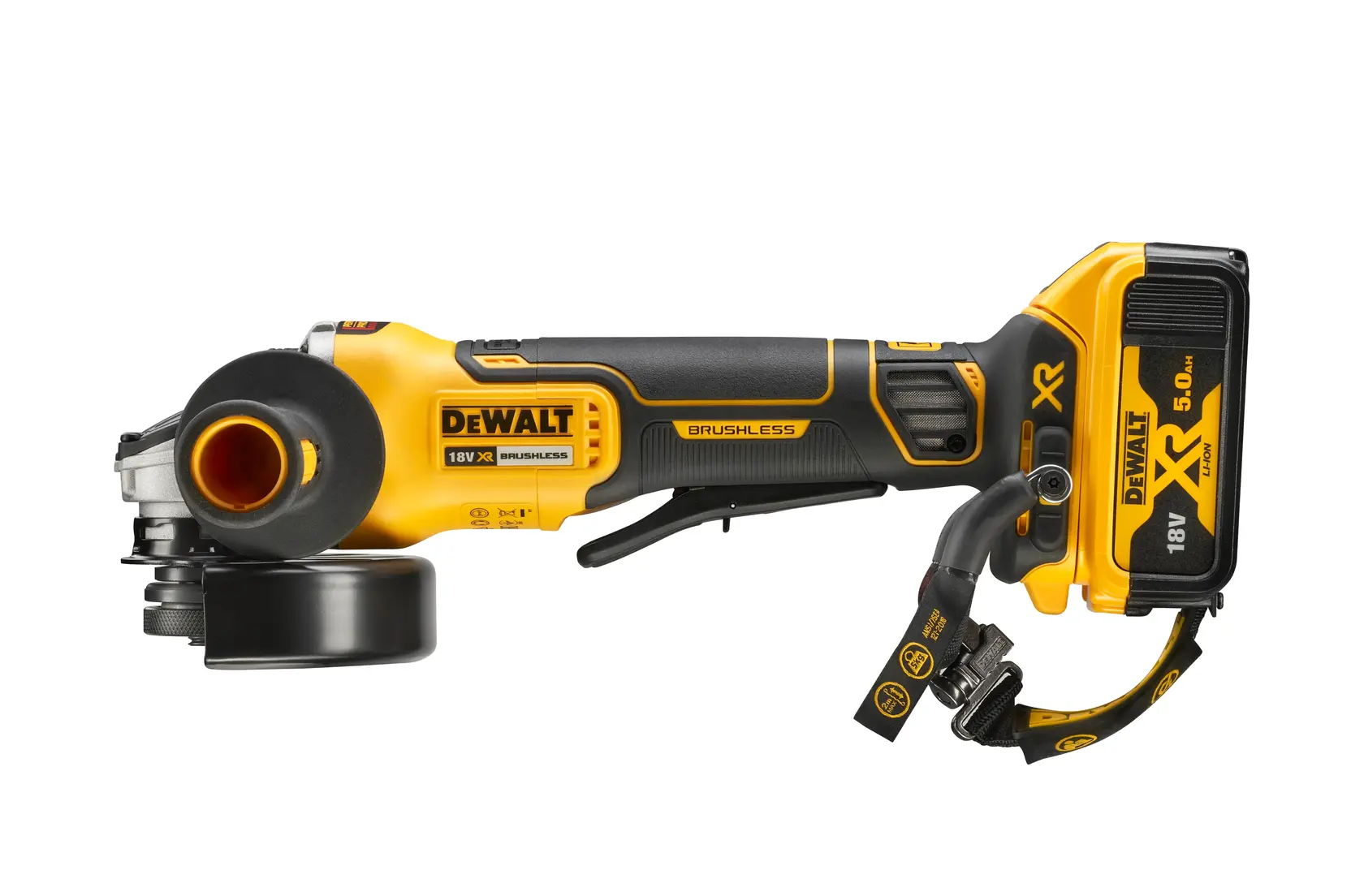 Meuleuse angulaire DEWALT sans fil avec batterie XR 18V et moteur sans balais, vue latérale.