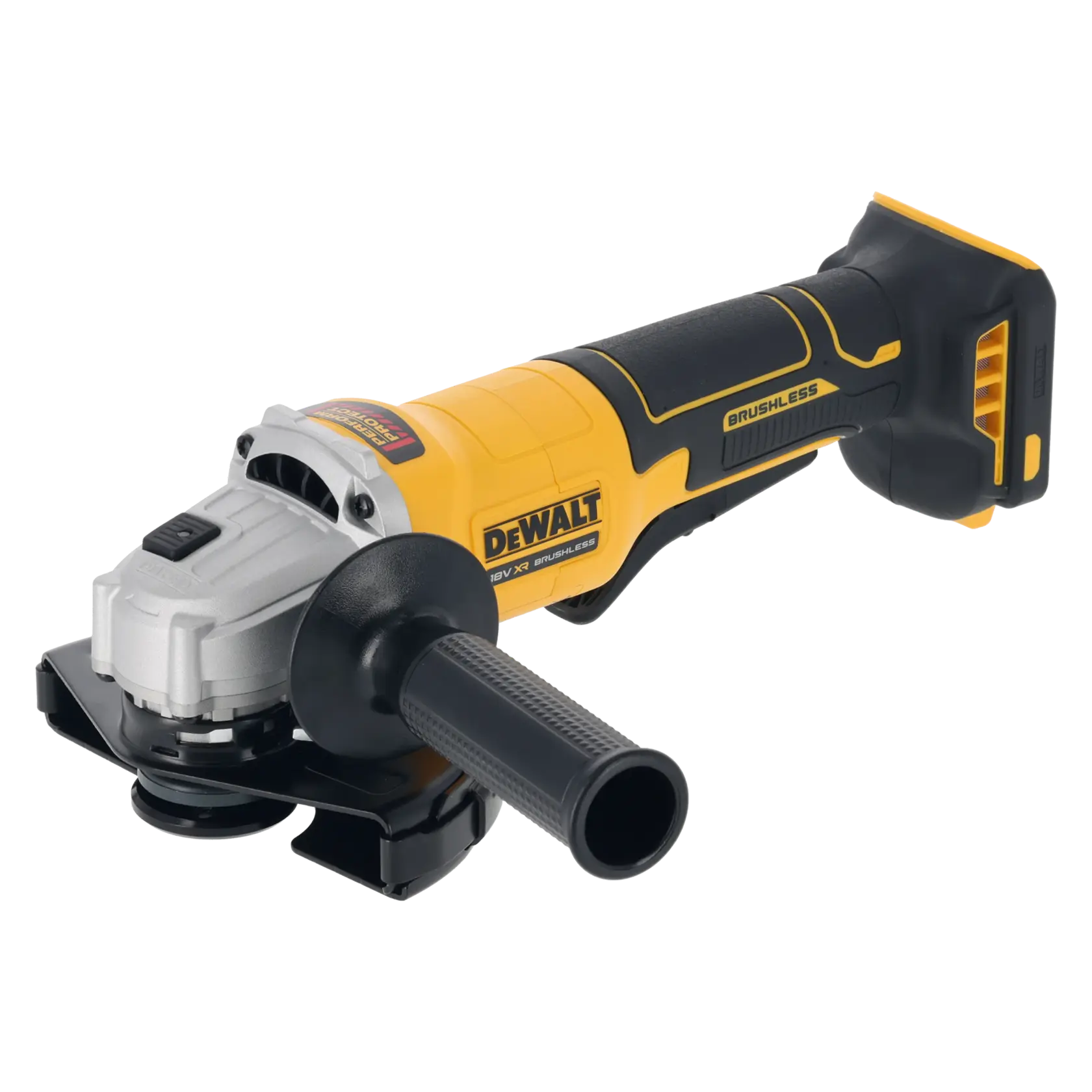 Meuleuse d’angle sans fil DEWALT, moteur brushless, jaune et noire, vue latérale.