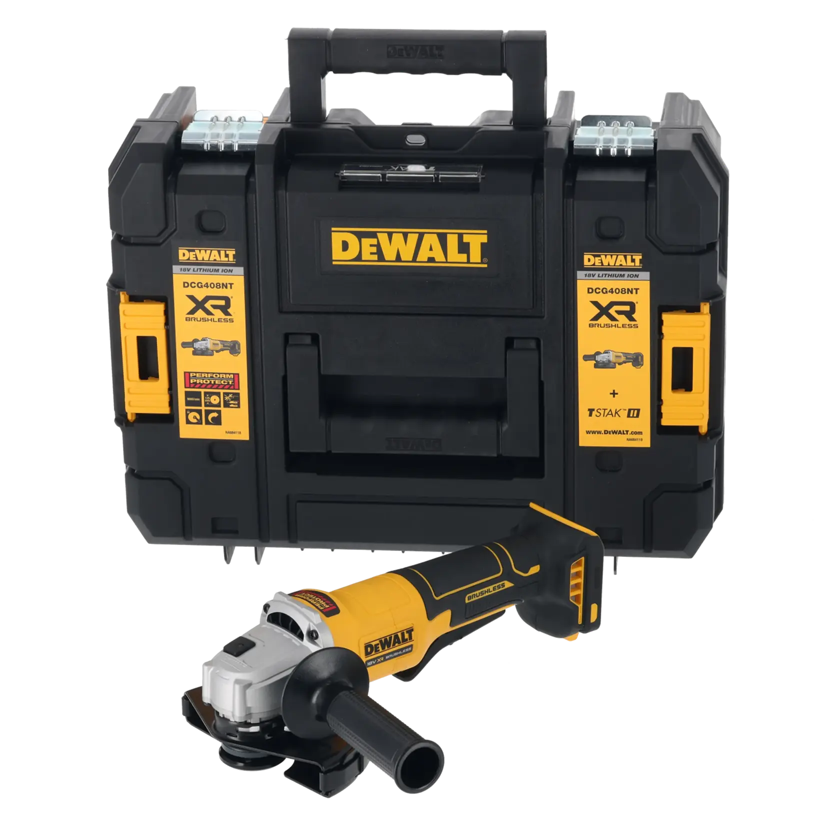 Meuleuse angulaire DEWALT sans fil DCG408NT avec coffret de transport jaune-noir.