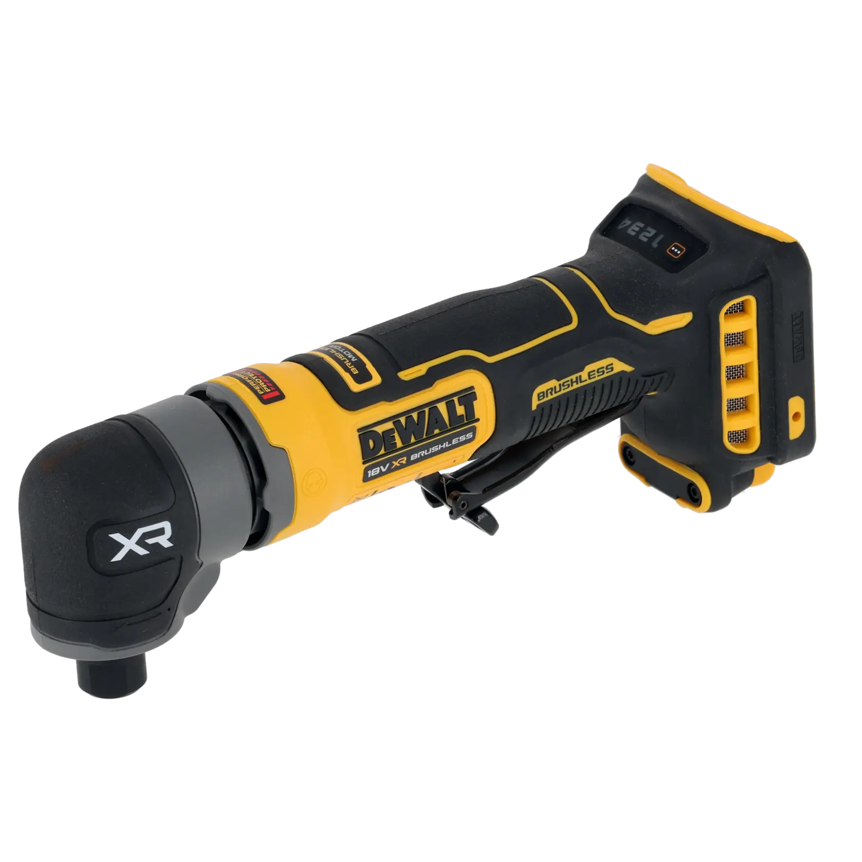 Outil DEWALT 18V XR brushless affiché, SKUs DCG421N-XJ et DCG421N visibles.