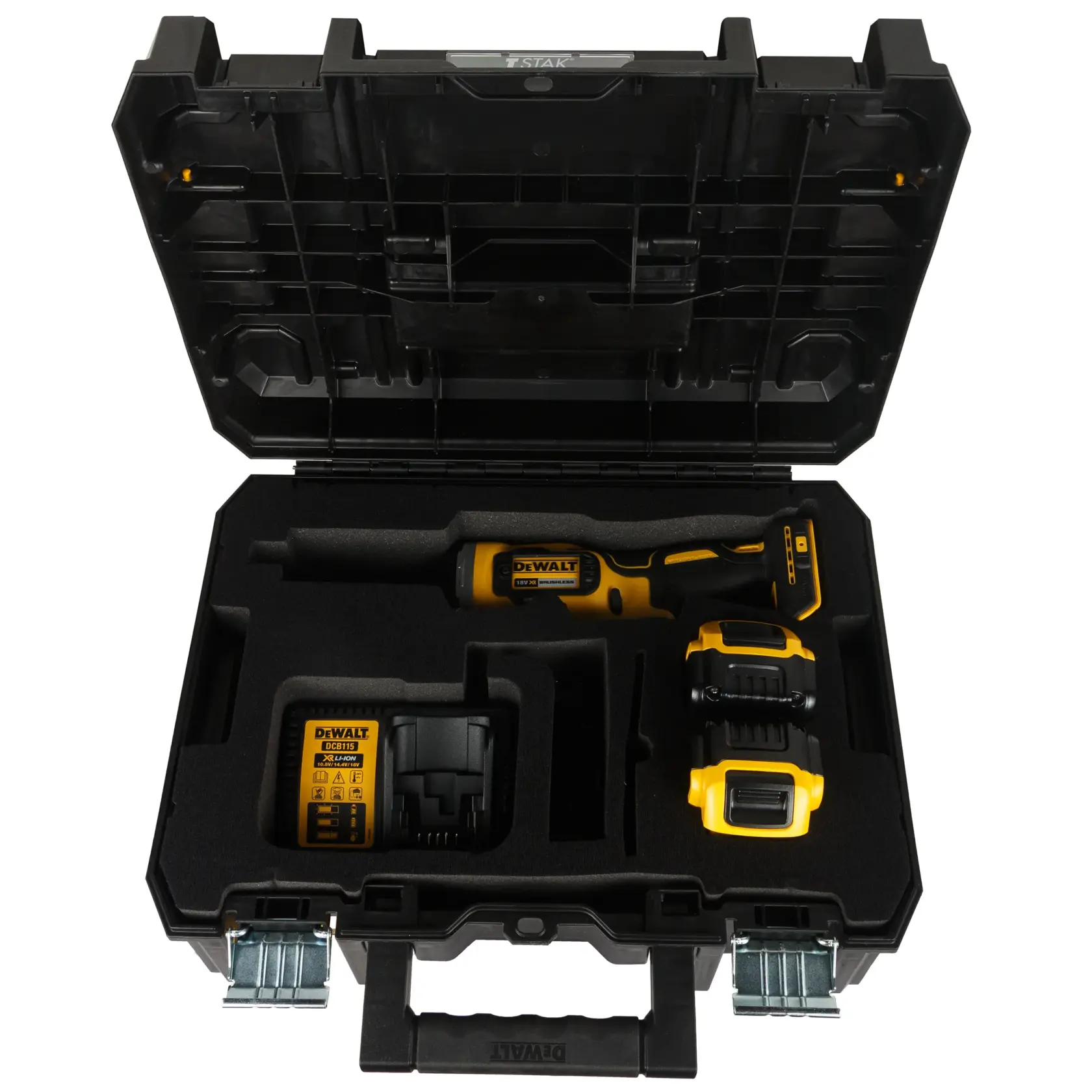 Un kit d'outil rotatif sans fil DEWALT dans une mallette rigide noire avec mousse, comprenant l'outil, deux batteries et un chargeur.