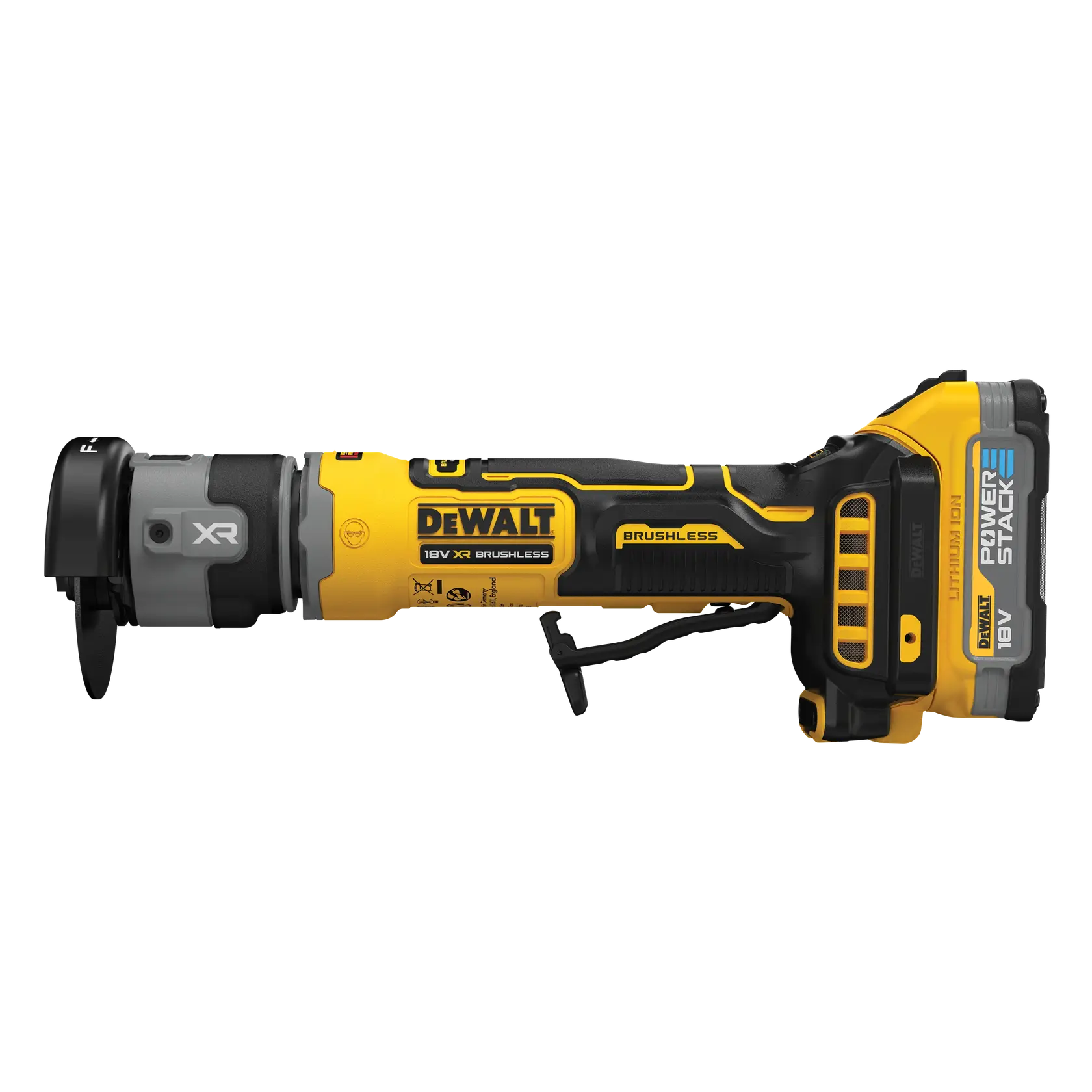 Meuleuse angulaire DEWALT 18V XR brushless avec batterie POWERSTACK, jaune et noire, vue latérale.