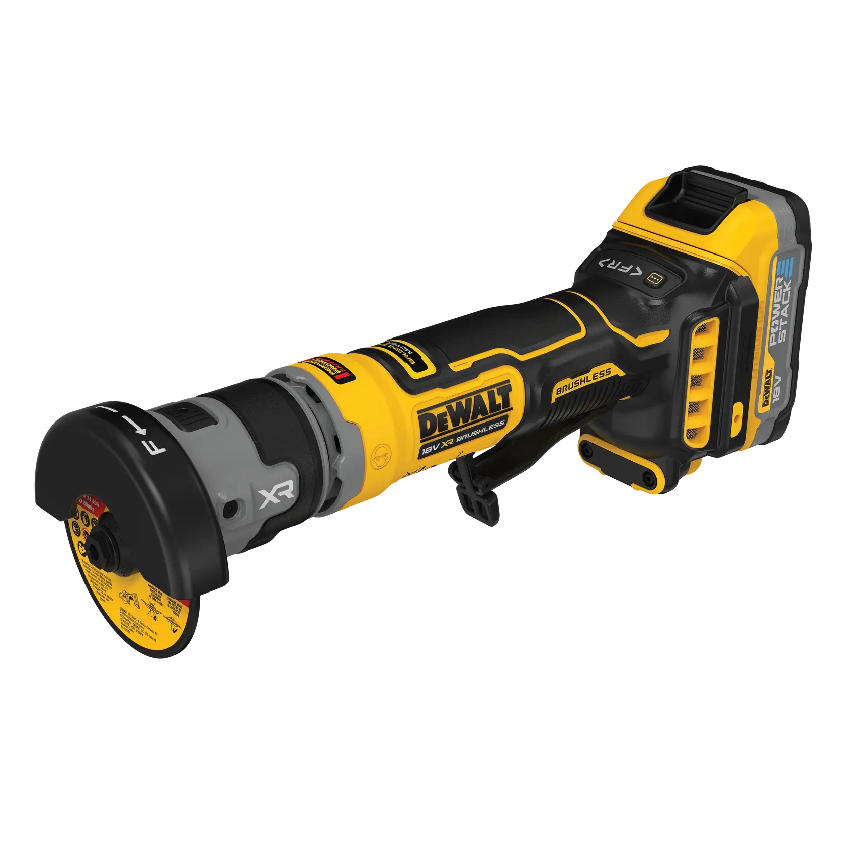 Meuleuse d’angle sans fil DEWALT, noire et jaune, moteur sans balais avec batterie.