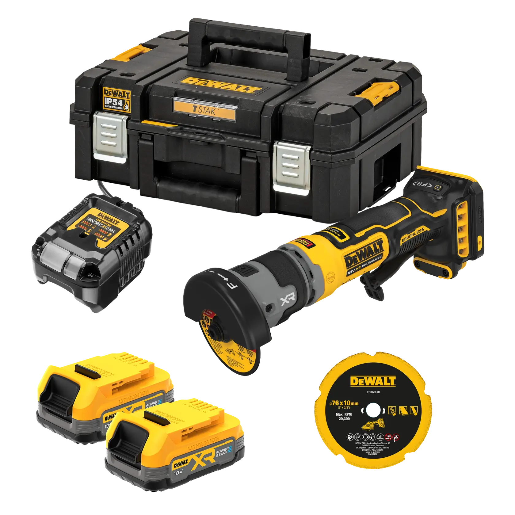 Kit DEWALT meuleuse sans fil avec batteries, chargeur, disque et mallette robuste.