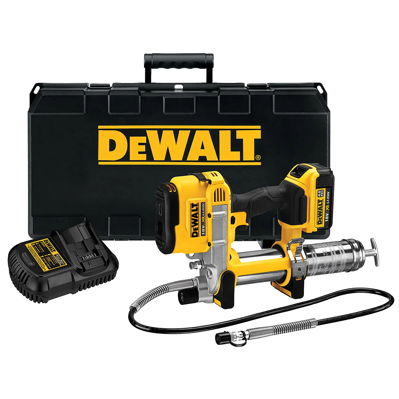 Kit de pompe à graisse sans fil DEWALT avec batterie, chargeur, tuyau flexible et mallette.