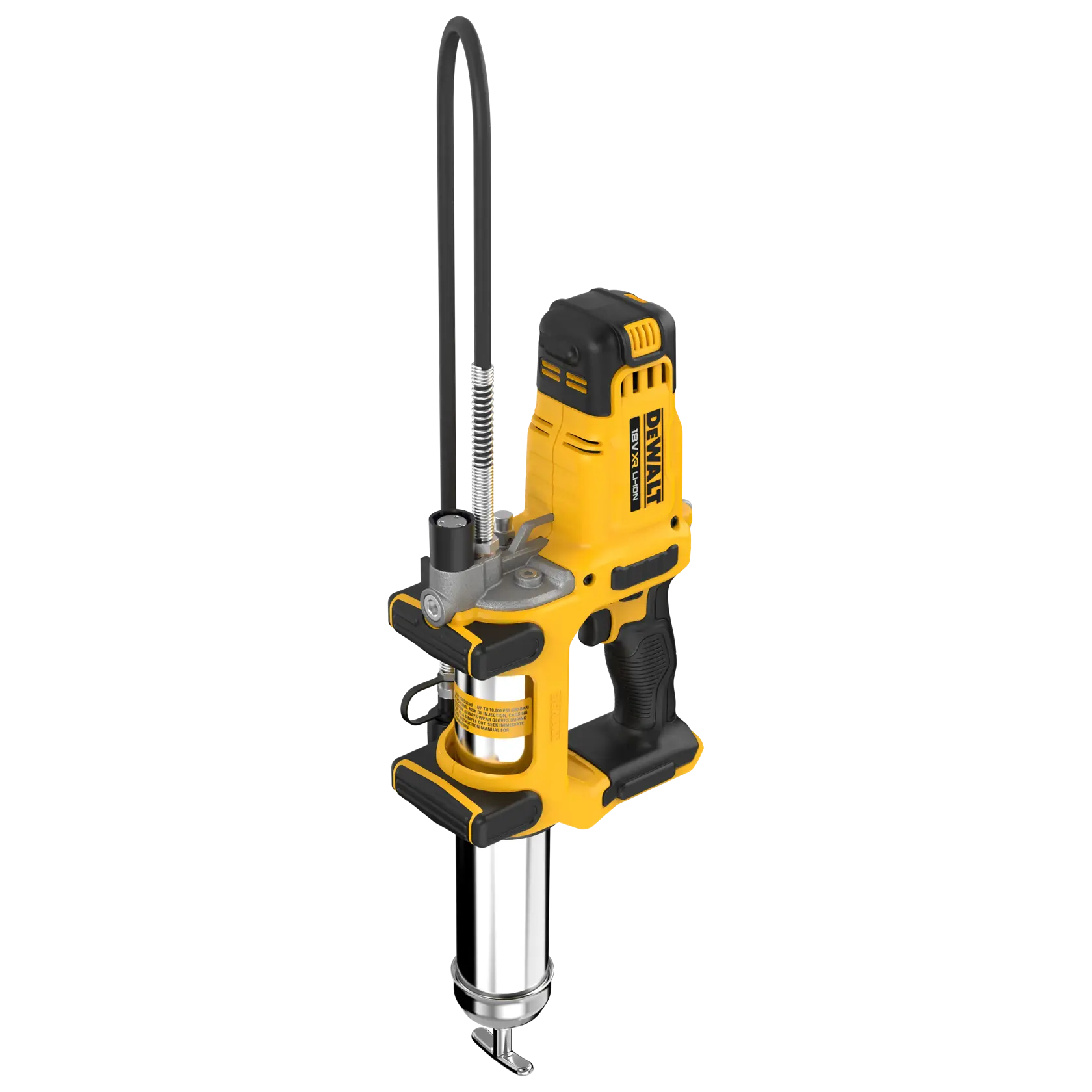 Pistolet à graisse DEWALT DCGG581N, DCGG581N-XJ, debout sur blanc. Image de produit photo.