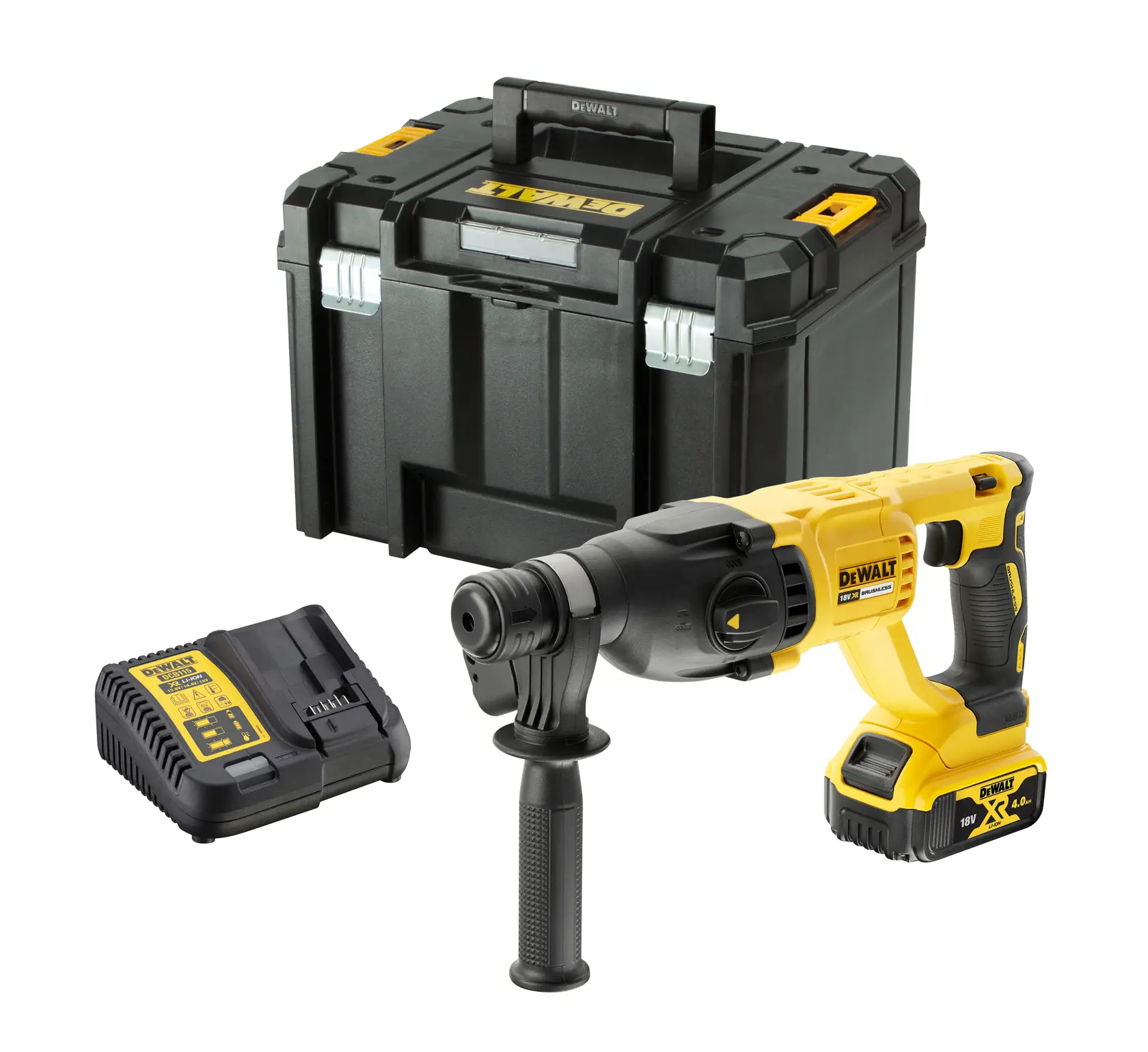 Kit de perforateur rotatif sans fil DEWALT avec batterie, chargeur et boîte à outils noire solide.