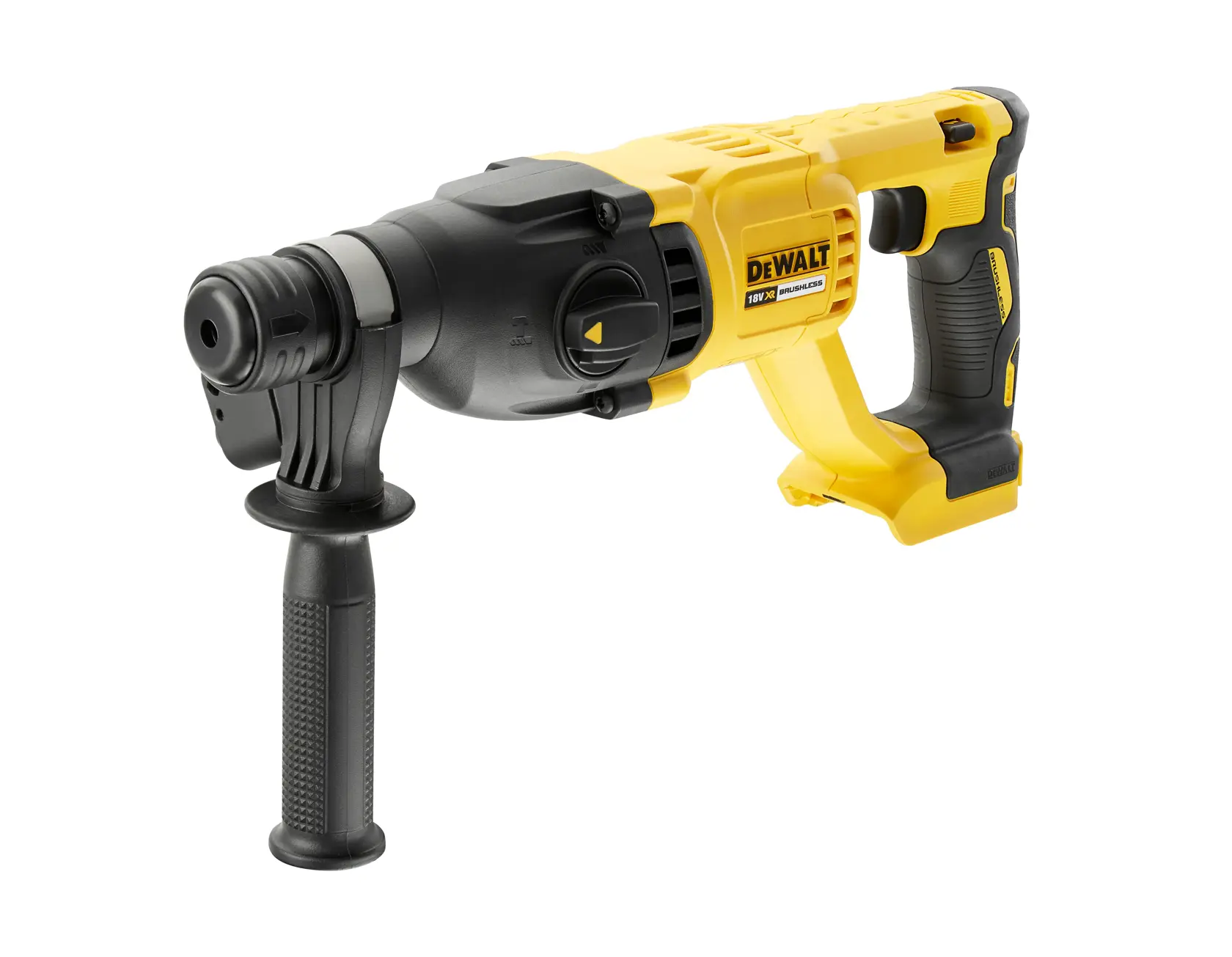 Perforateur rotatif sans fil DEWALT jaune et noir avec poignée latérale, modèle DCH133N.