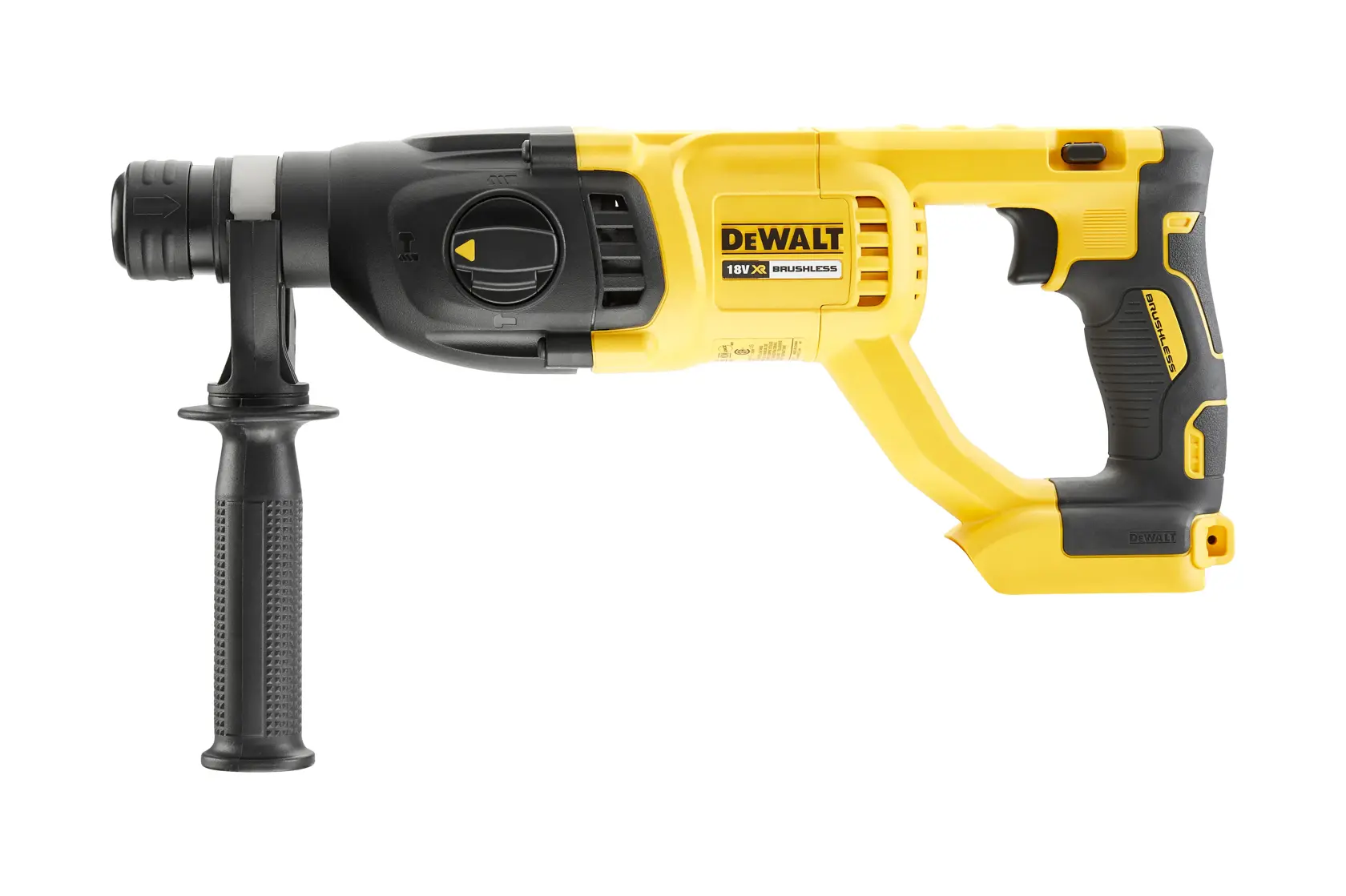 Perforateur sans fil DEWALT jaune avec poignée noire latérale et gâchette.