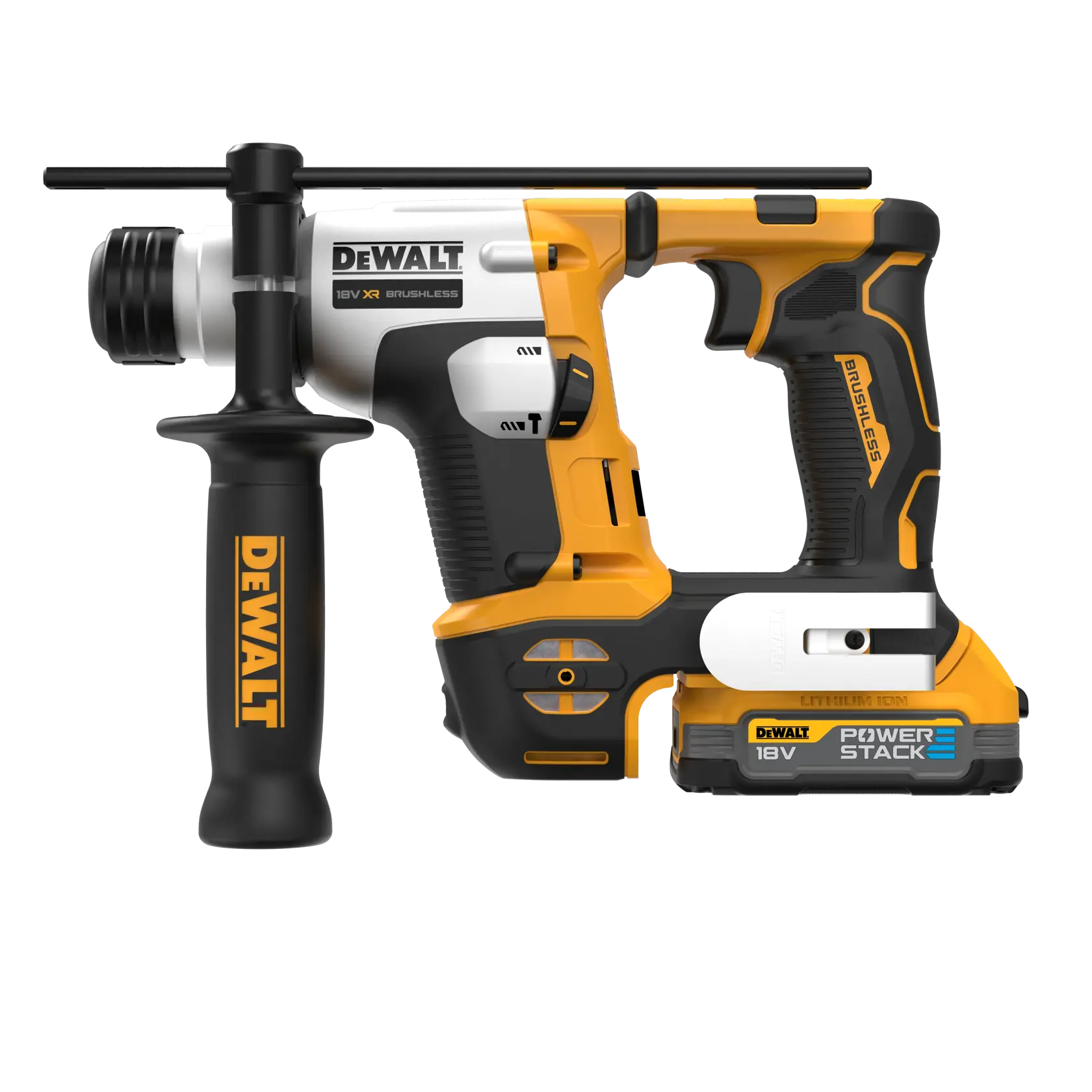 Perforateur rotatif sans fil DEWALT 18V XR brushless avec batterie POWERSTACK, doté d'une poignée latérale pour une meilleure prise en main, présenté sur fond blanc.