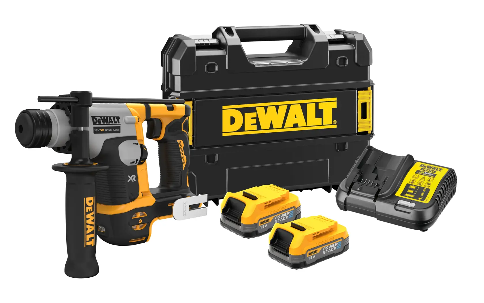 Un ensemble de perforateur sans fil DEWALT, modèle DCH172E2T, présenté avec une mallette de transport rigide noire et jaune, deux batteries rechargeables et un chargeur de batterie.