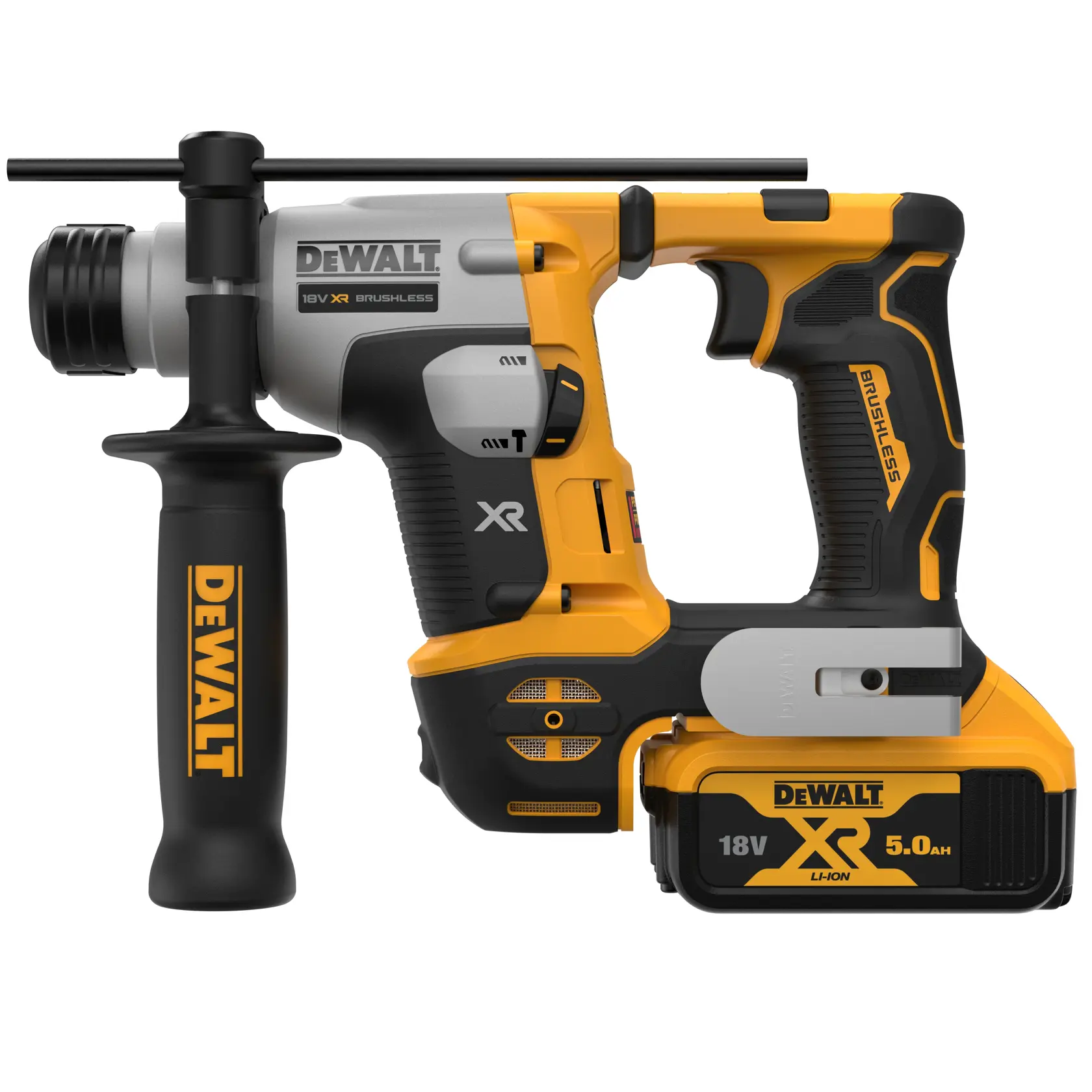 DEWALT DCH172P2 perforateur sans fil 18V, poignée et batterie XR Li-Ion 5.0Ah, vue latérale.