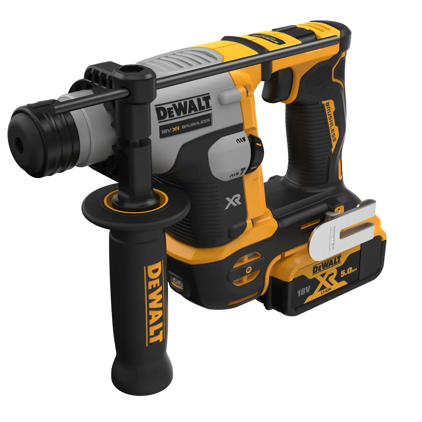 Perforateur sans fil DEWALT 18V XR brushless, poignée latérale et batterie.