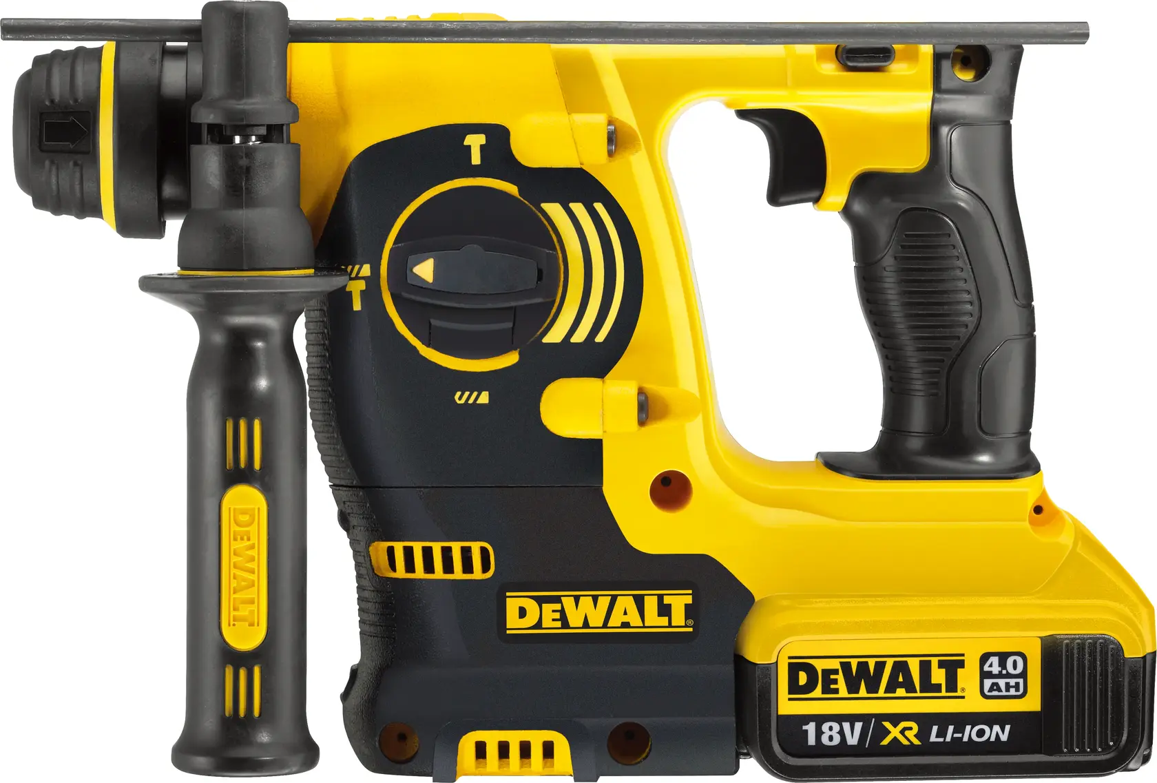 Photo du perforateur DEWALT jaune et noir, réf. DCH253M2, DCH253M2-QW, vue latérale sur fond blanc.