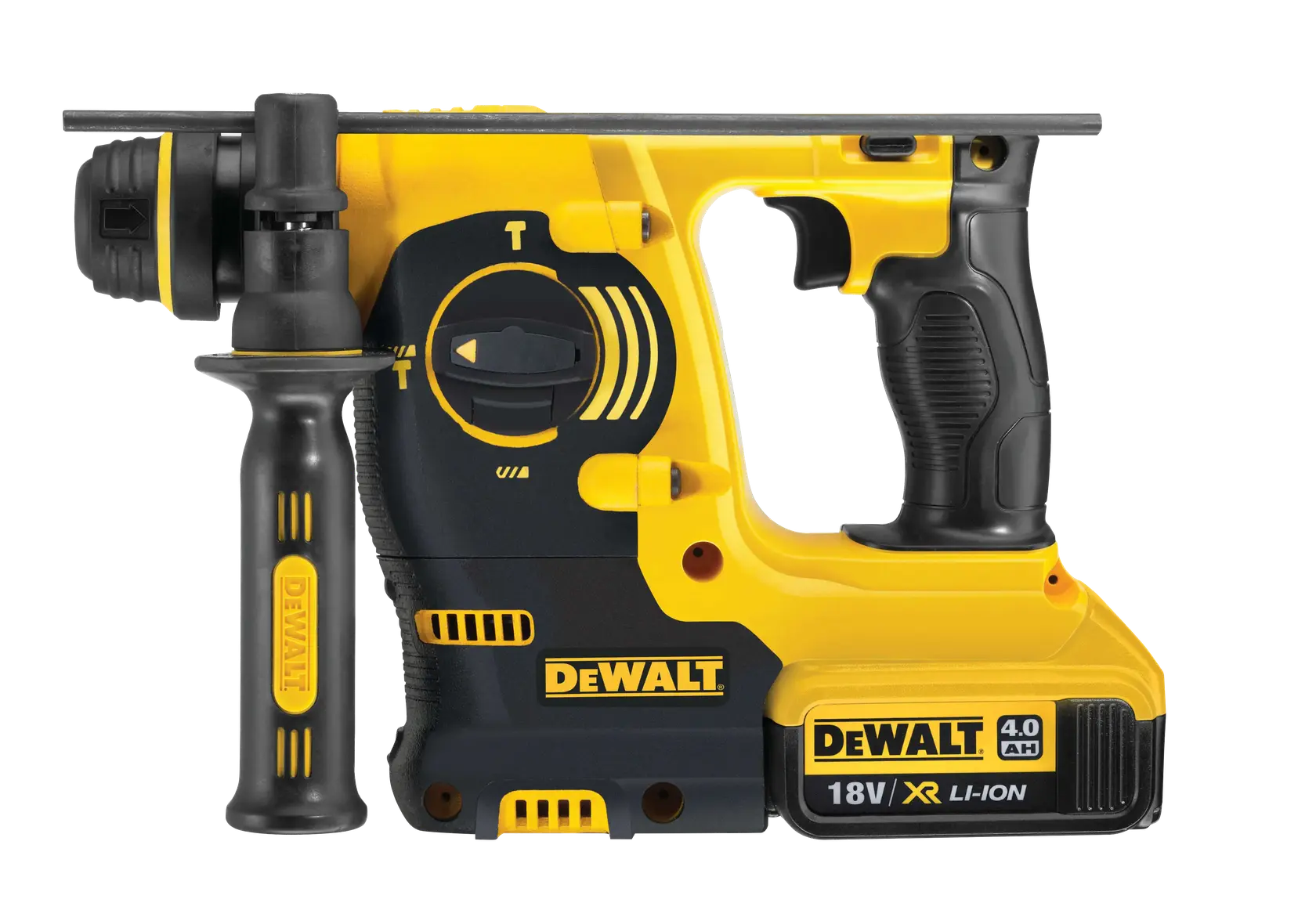 Photo marteau perforateur sans fil DEWALT jaune/noir, SKUs DCH253M2, DCH253M2-QW, fond blanc, vue de côté.