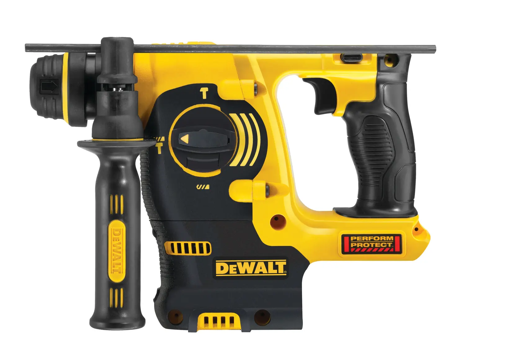 Martillo rotativo inalámbrico DEWALT DCH253N, amarillo y negro, con mango lateral y selector de modo.