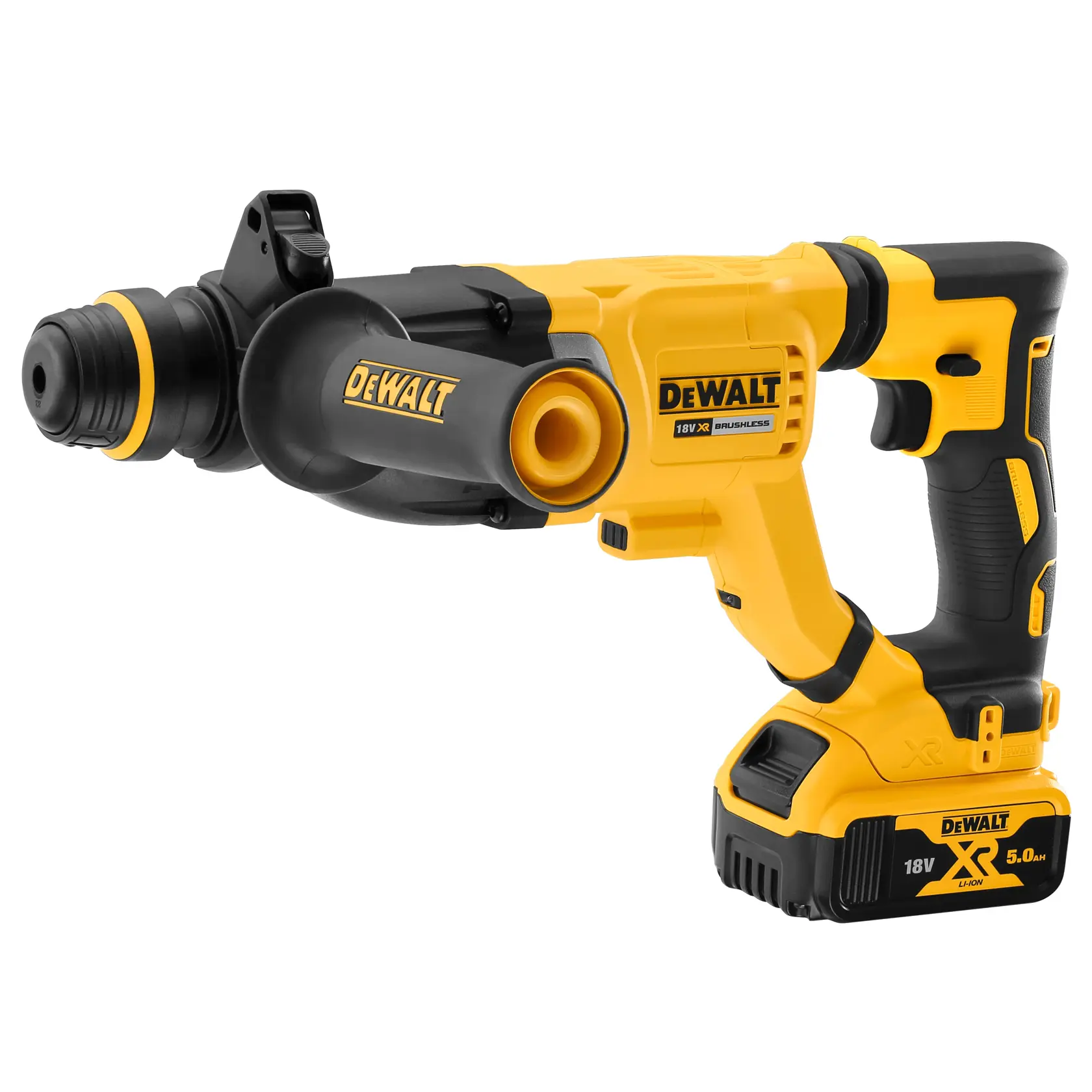 Marteau perforateur DEWALT sans fil 18V, design jaune et noir, poignée ergonomique.