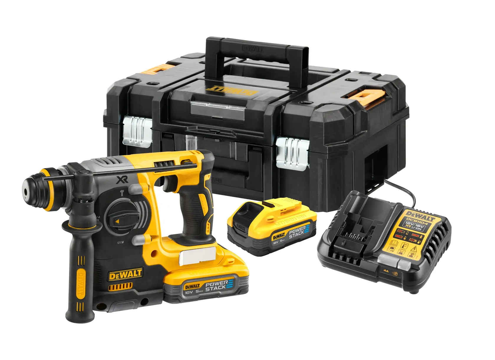 Kit de marteau perforateur sans fil DEWALT comprenant un marteau perforateur jaune et noir, deux batteries, un chargeur et une mallette de transport robuste noire.