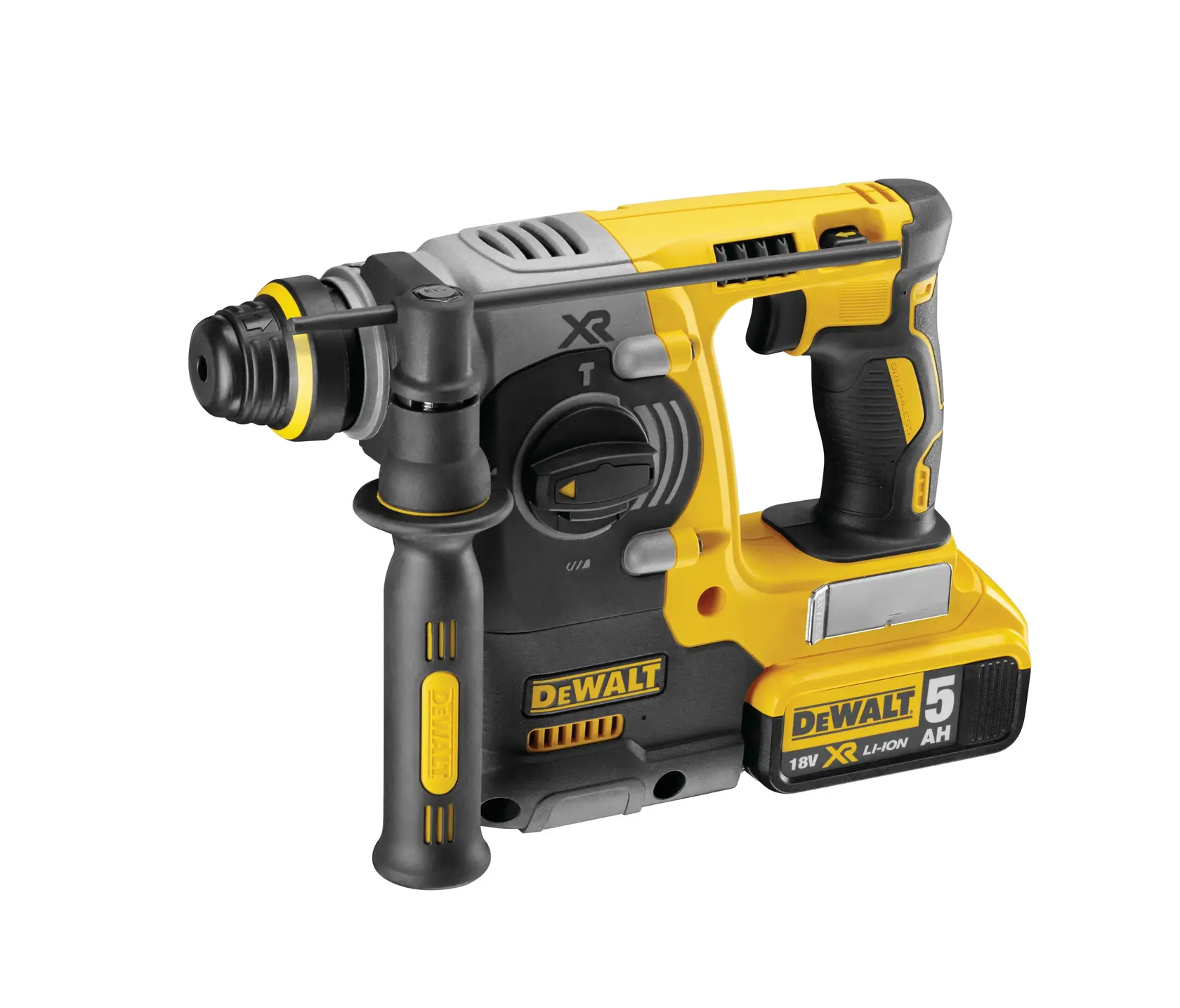 Perforateur sans fil DEWALT DCH273P2T, jaune et noir, 18V XR Li-Ion avec poignée latérale et batterie 5Ah.