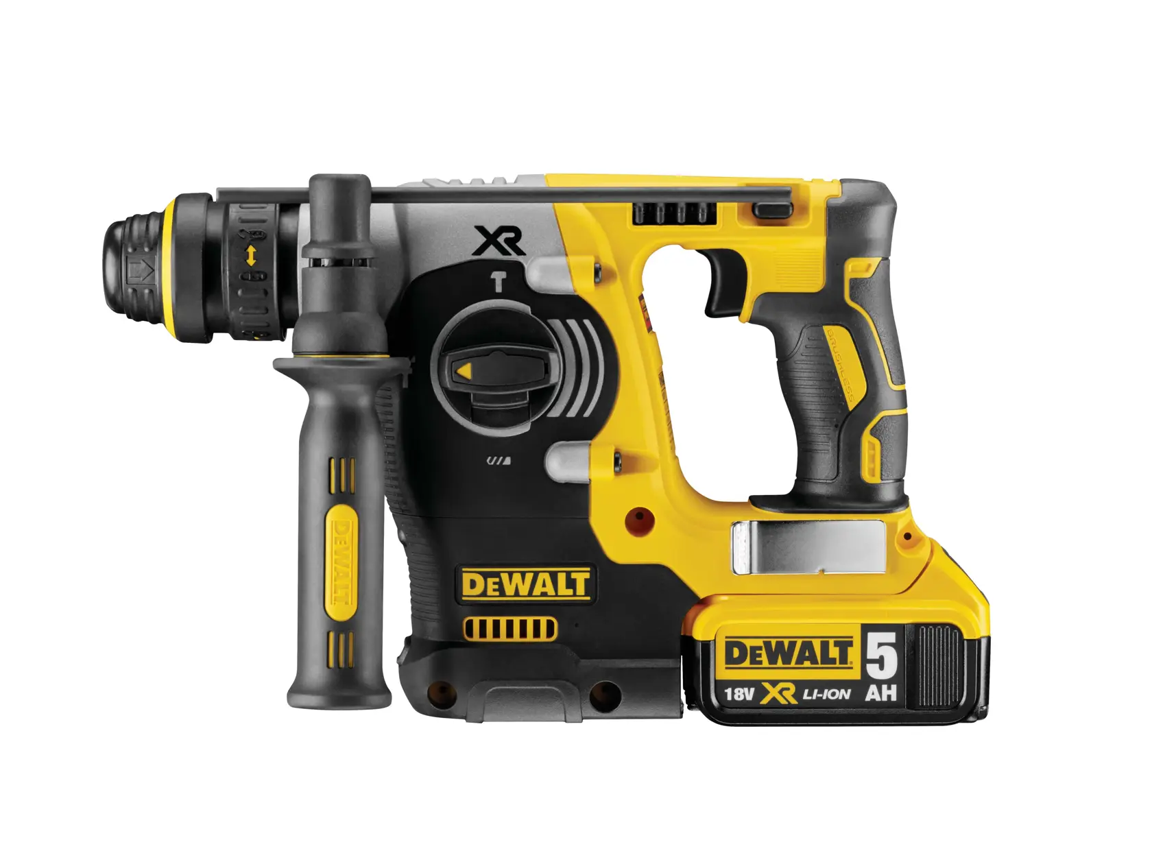 DEWALT Akku-Bohrhammer, gelb-schwarz, 18V XR Li-Ion Akku, seitlicher Griff, Modell DCH274P2T.