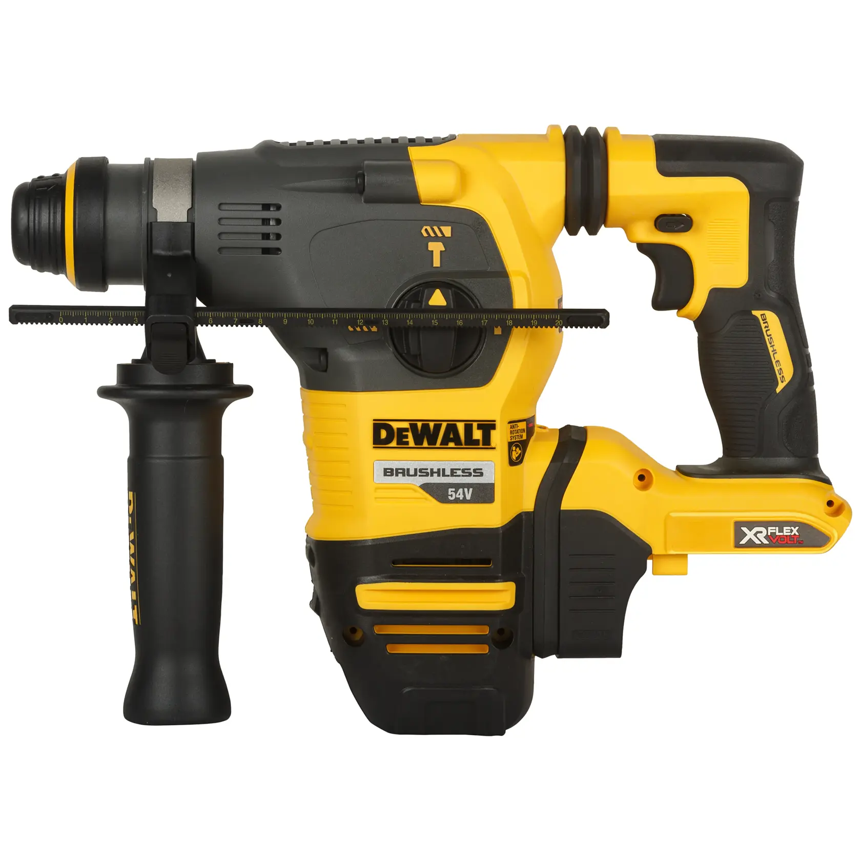Une perceuse à percussion rotative sans fil DEWALT DCH333NT jaune et noire, équipée d'un moteur brushless 54V et de la technologie XR FlexVolt. La perceuse possède une poignée latérale pour la stabilité et l'ajustement, conçue pour des travaux de construction intensifs.