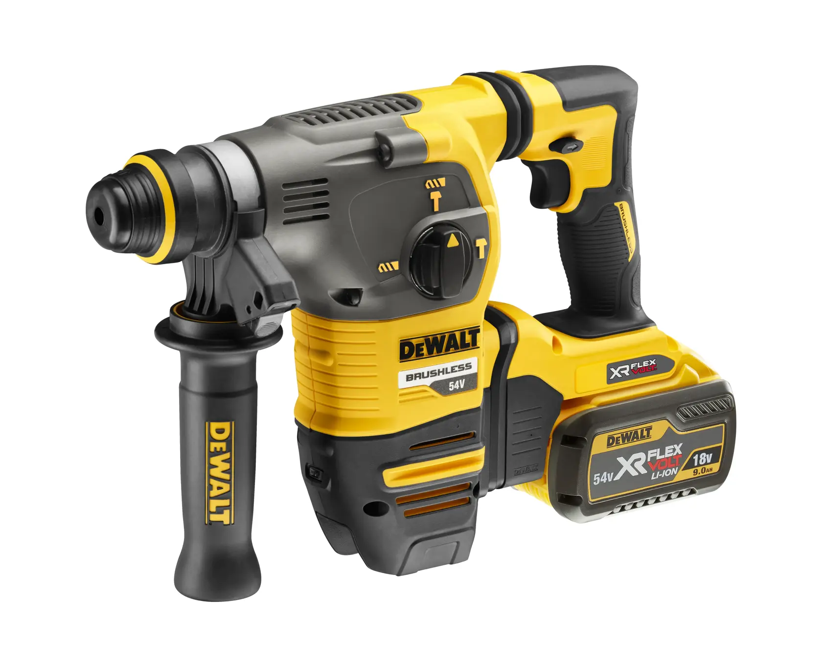 Un perforateur sans fil DEWALT avec moteur brushless 54V, équipé d'une poignée latérale et d'une batterie XR Flexvolt lithium-ion.