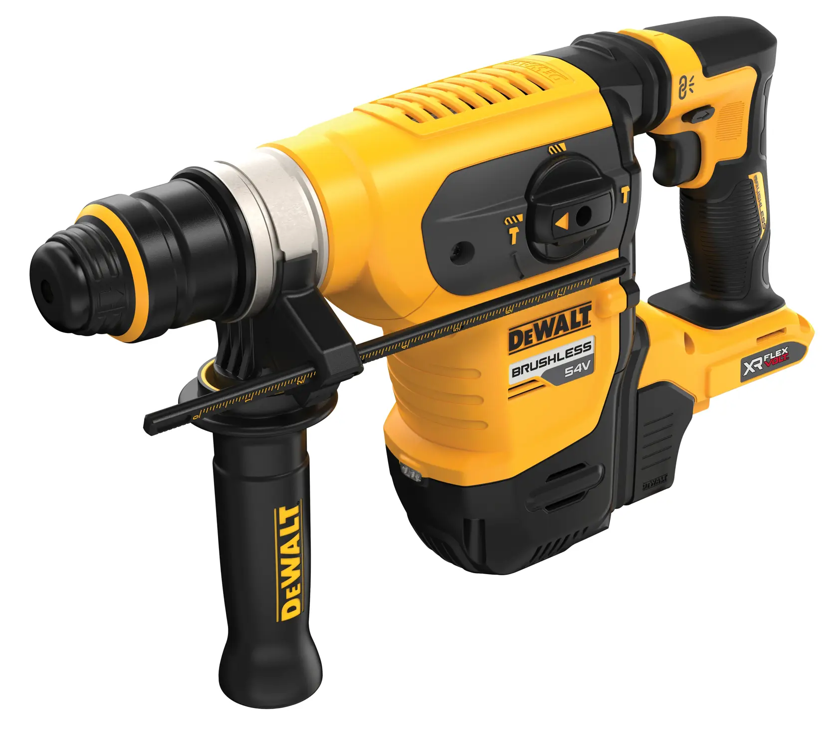 DEWALT 54V gelber und schwarzer Akku-Bohrhammer mit Seitengriff und bürstenlosem Motor.