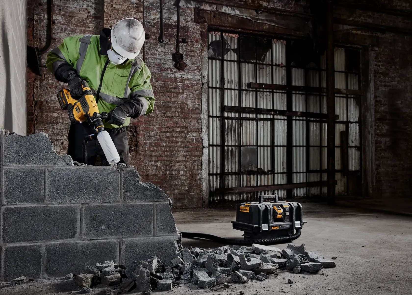 Arbeiter nutzt DEWALT DCH416NT zum Brechen von Betonblöcken. Schutt und Werkzeugkasten sichtbar.