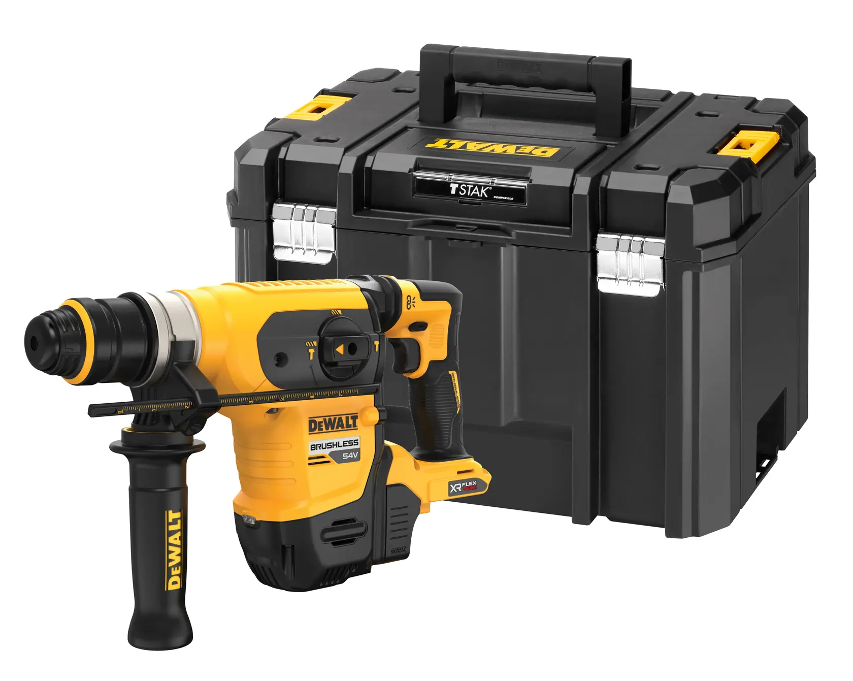 DEWALT Bohrhammer und schwarze Aufbewahrungsbox vor weißem Hintergrund.