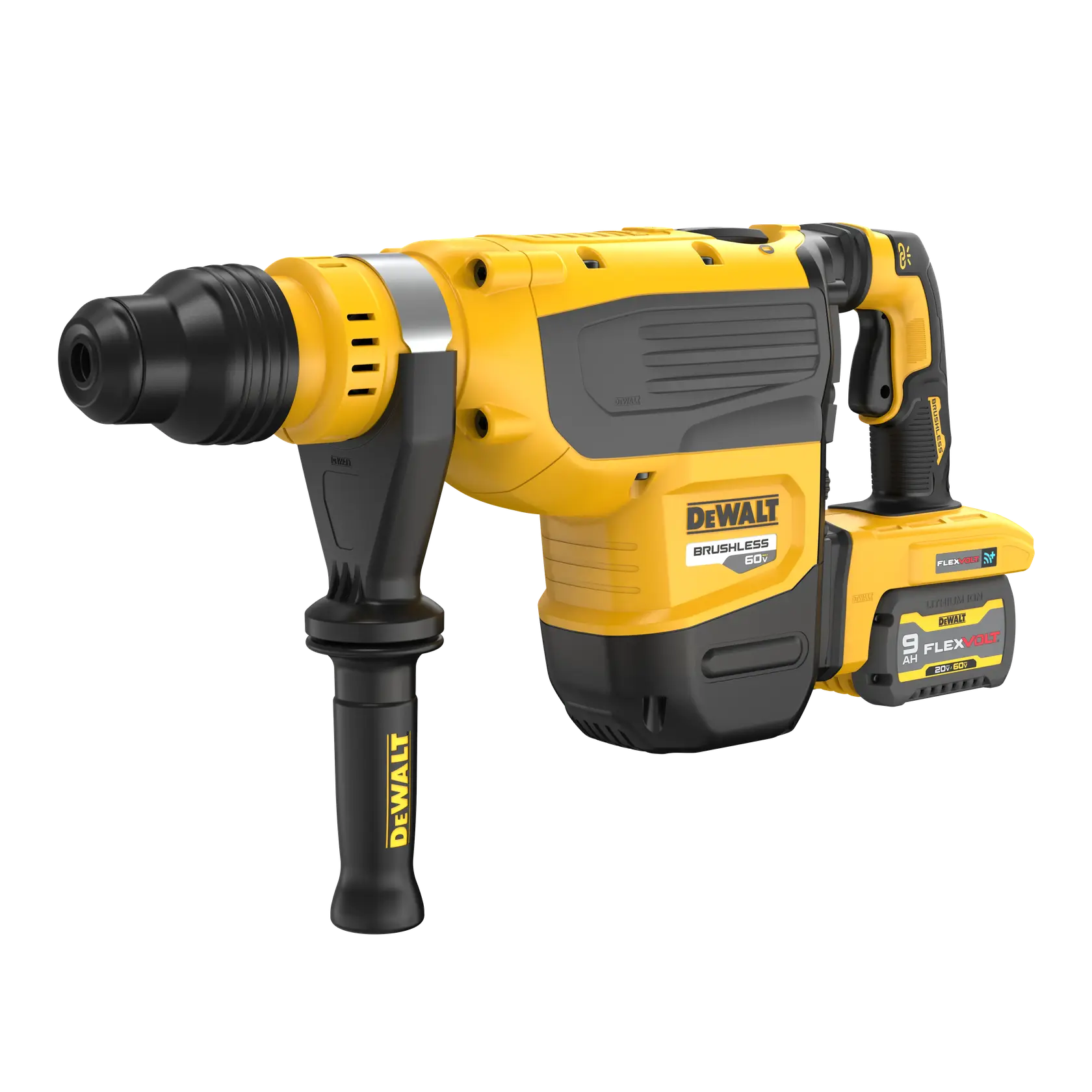 Une perceuse à marteau rotatif sans fil jaune et noire DEWALT avec une poignée latérale et une batterie amovible.