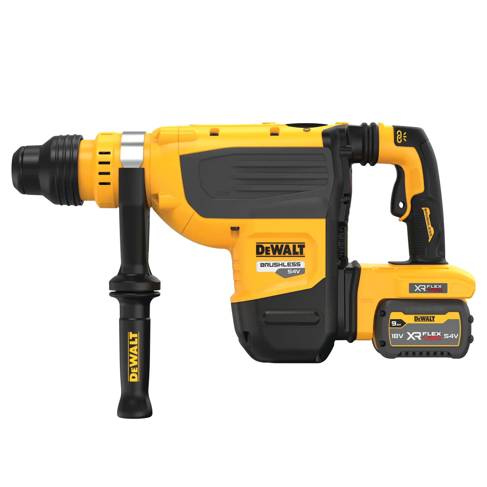 Un marteau perforateur sans fil à moteur brushless de marque DEWALT, modèle DCH735X2, avec un design jaune et noir, une poignée latérale et une batterie lithium-ion XR FlexVolt 54V.