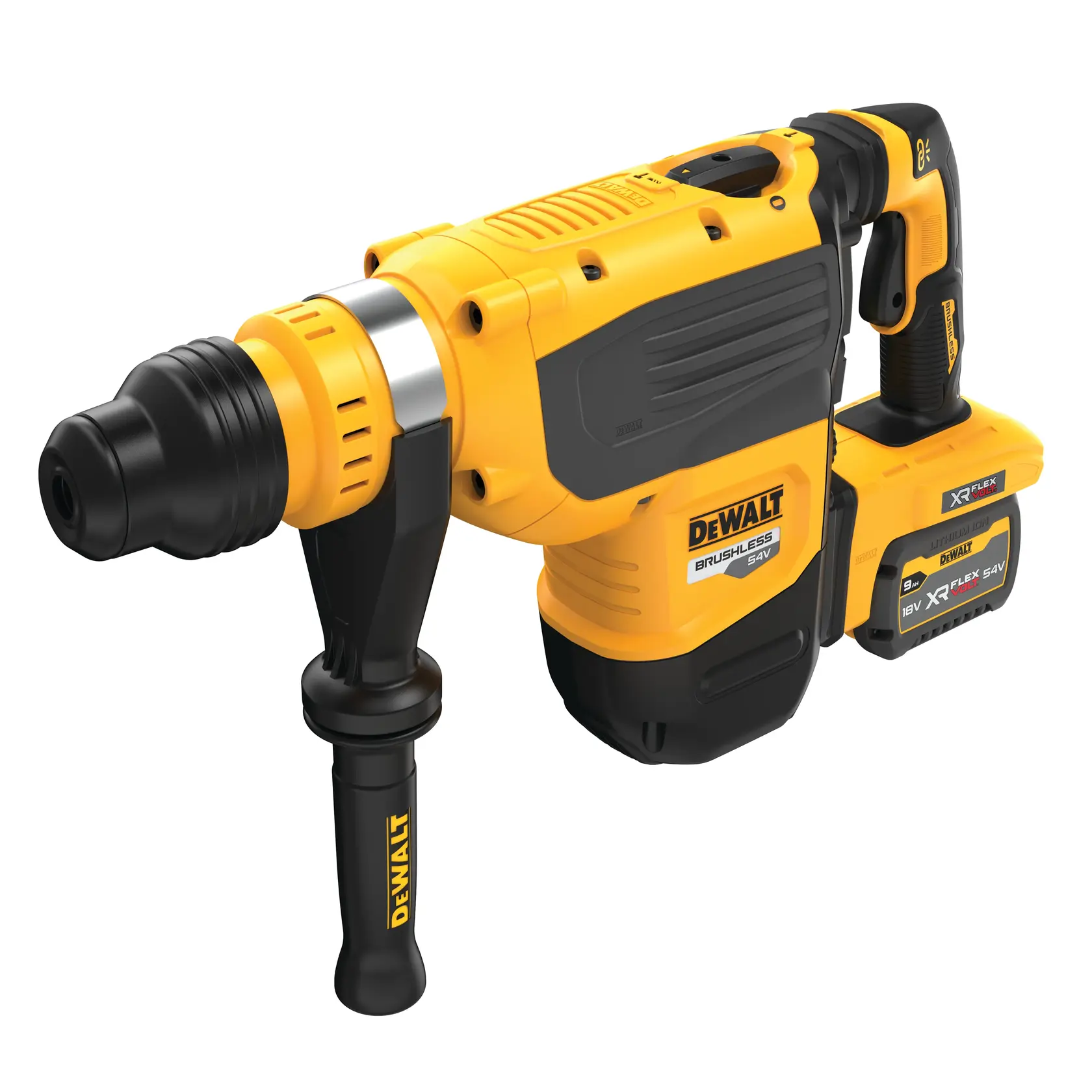 Une perceuse rotative sans fil DEWALT jaune et noire, équipée d'une poignée auxiliaire et d'une batterie amovible.