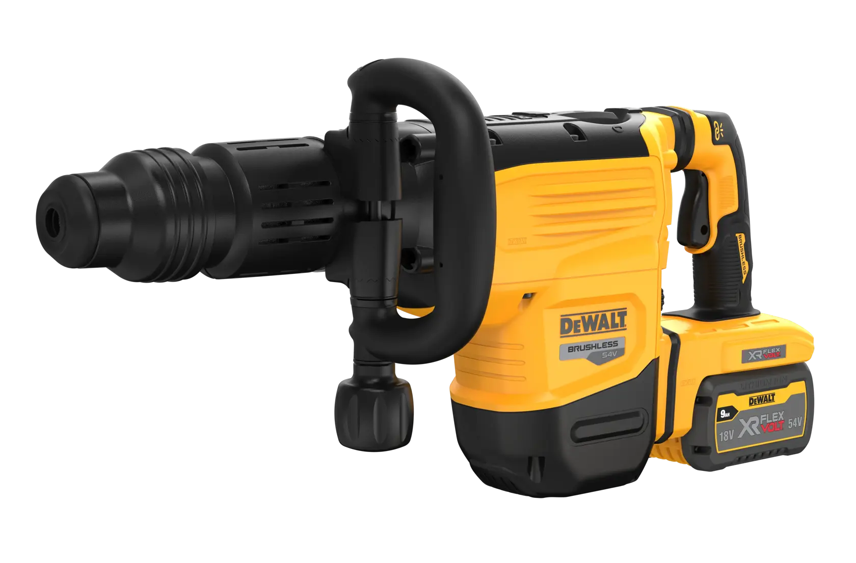 Perforateur sans fil DEWALT jaune et noir avec poignée large et batterie intégrée.