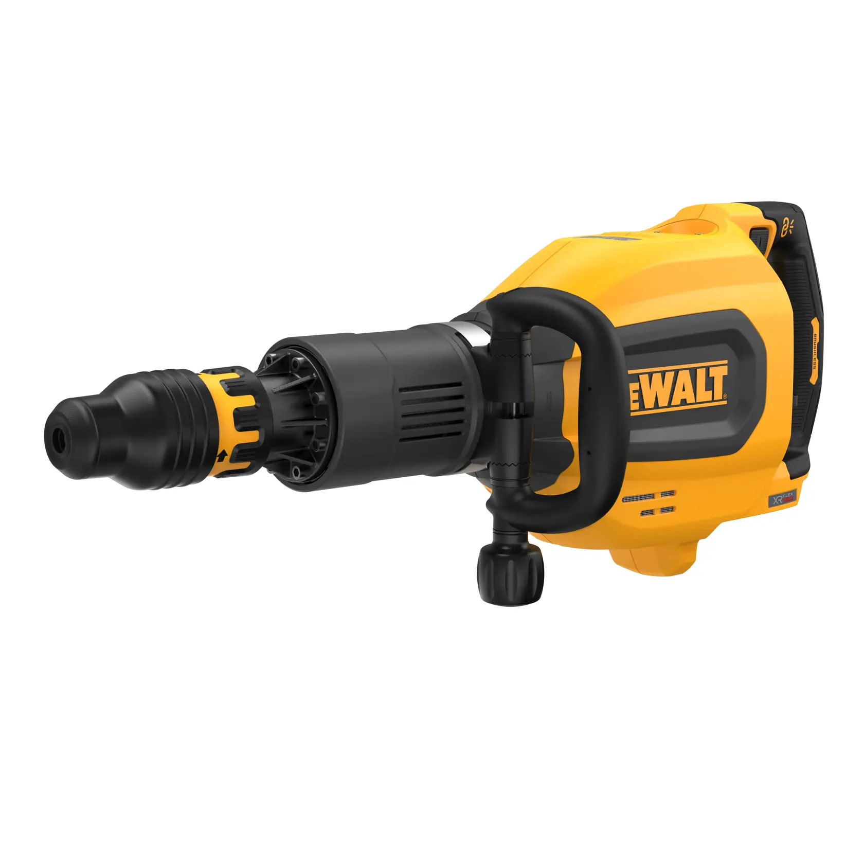 Marteau-piqueur DEWALT jaune avec poignée en D noire, présenté sur fond blanc.