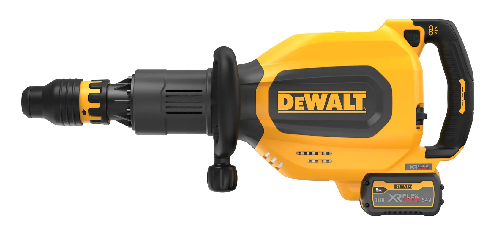 Marteau démolisseur sans fil jaune DEWALT avec poignée noire et batterie, modèle DCH911X3.
