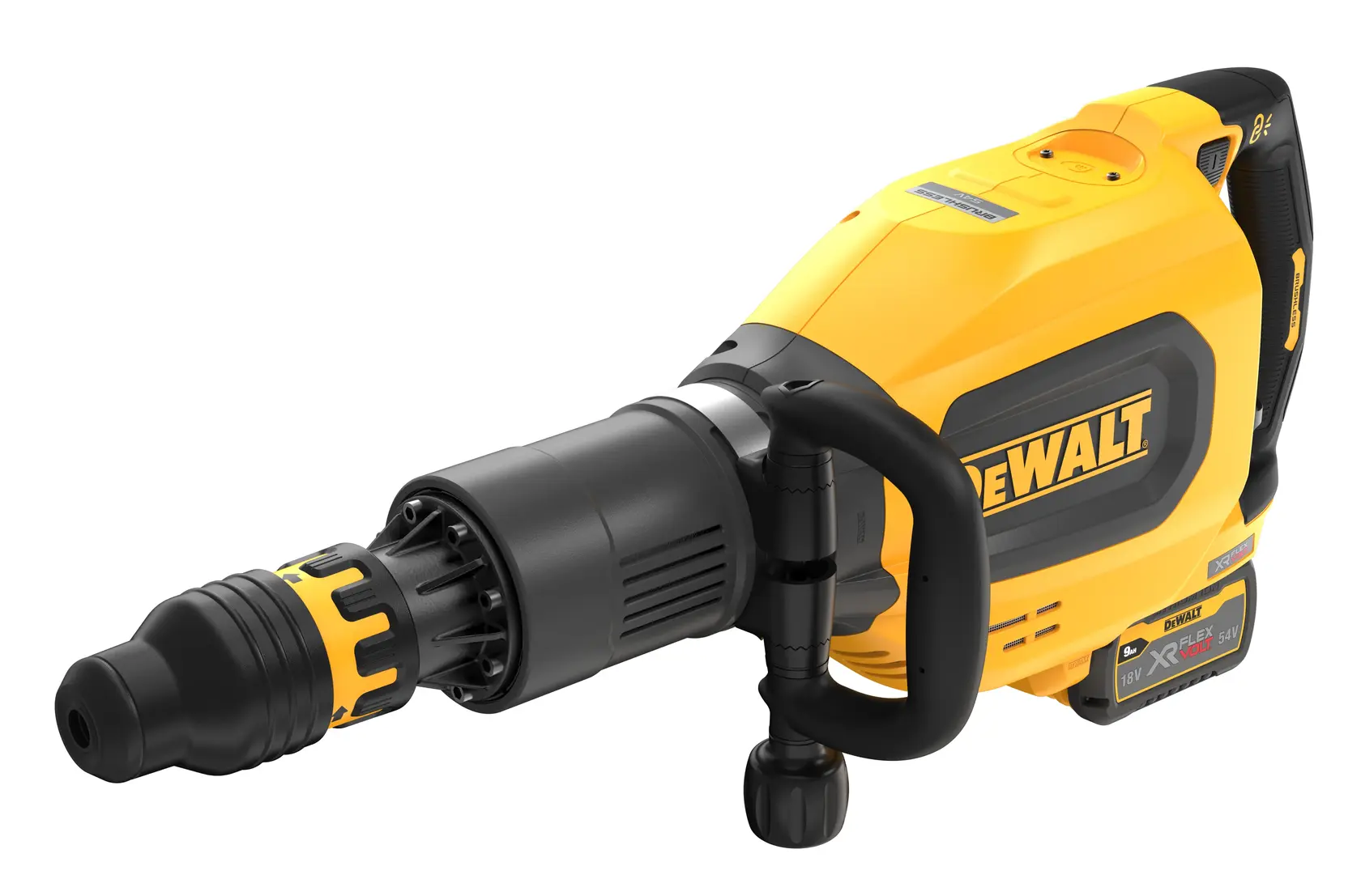 Marteau rotatif sans fil DEWALT jaune et noir avec poignée latérale et batterie.